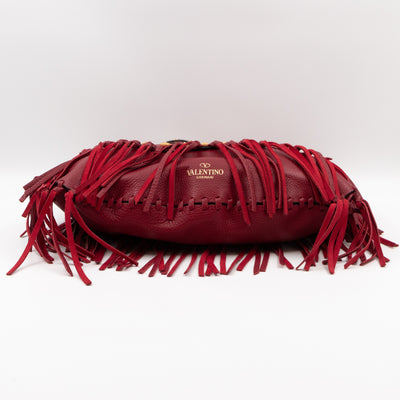 C-Rockee Studded Fringe Hobo Red Leather