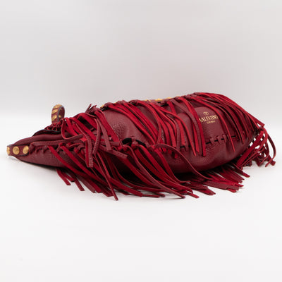 C-Rockee Studded Fringe Hobo Red Leather