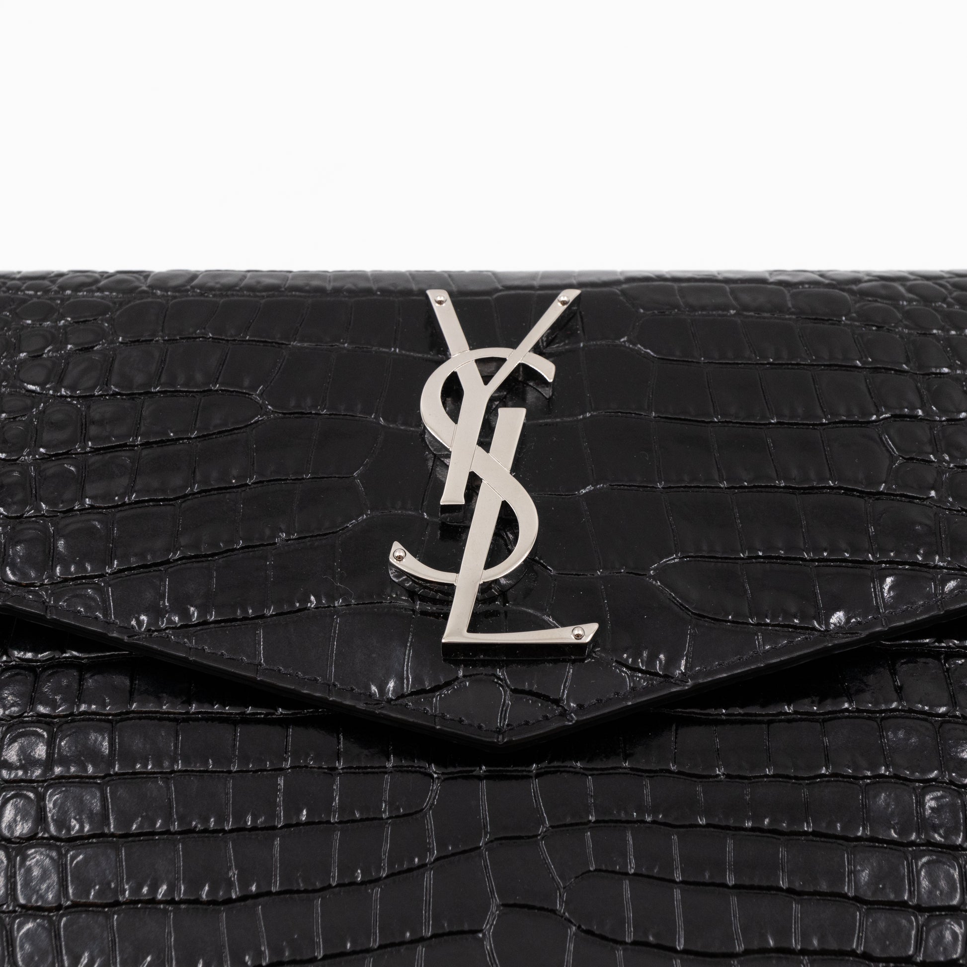 YSL UPTOWN POUCH BLACK CROC EMBOSSED LEATHER SILVER HARDWARE – THE