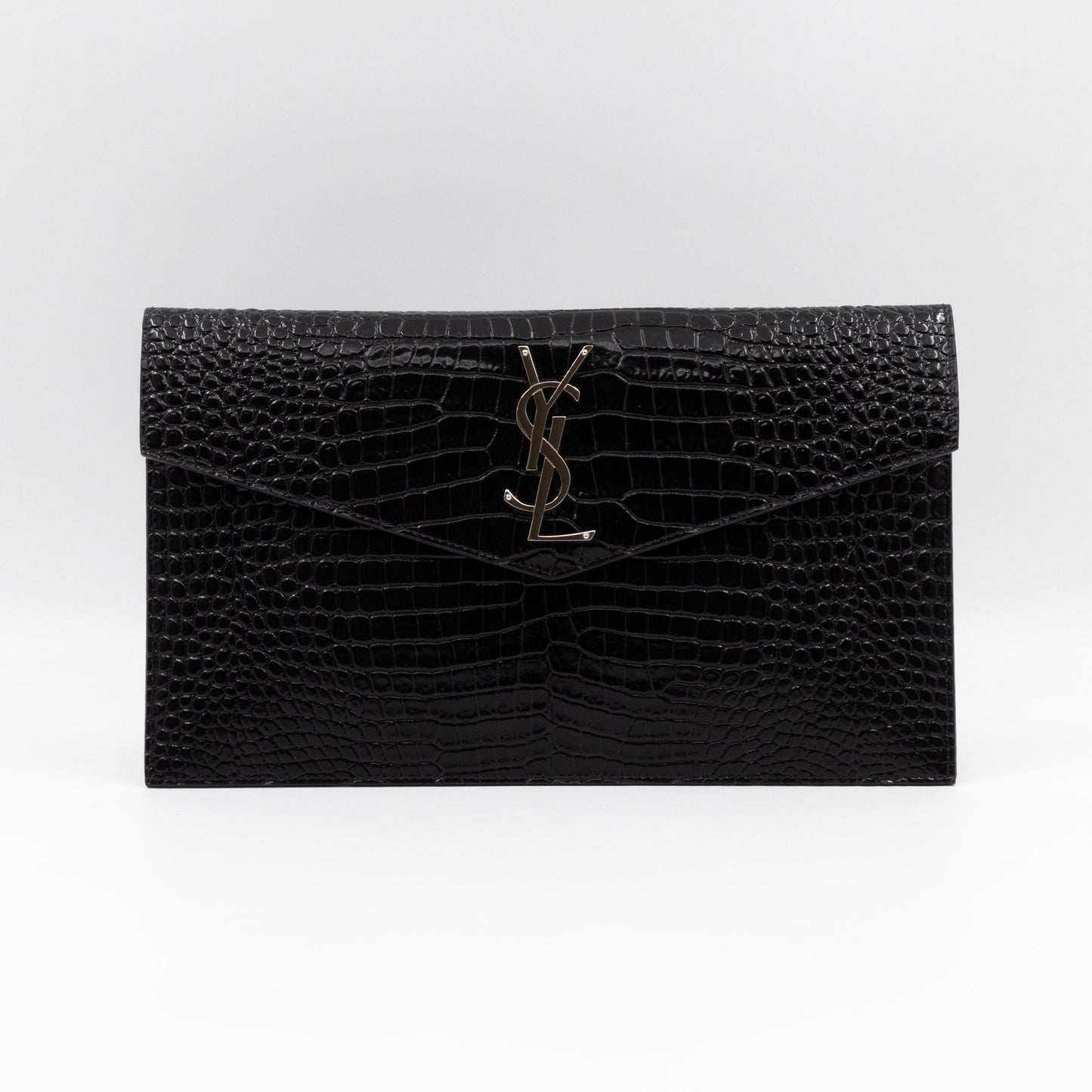 Uptown Pouch Black Croc Embossed Leather Silver