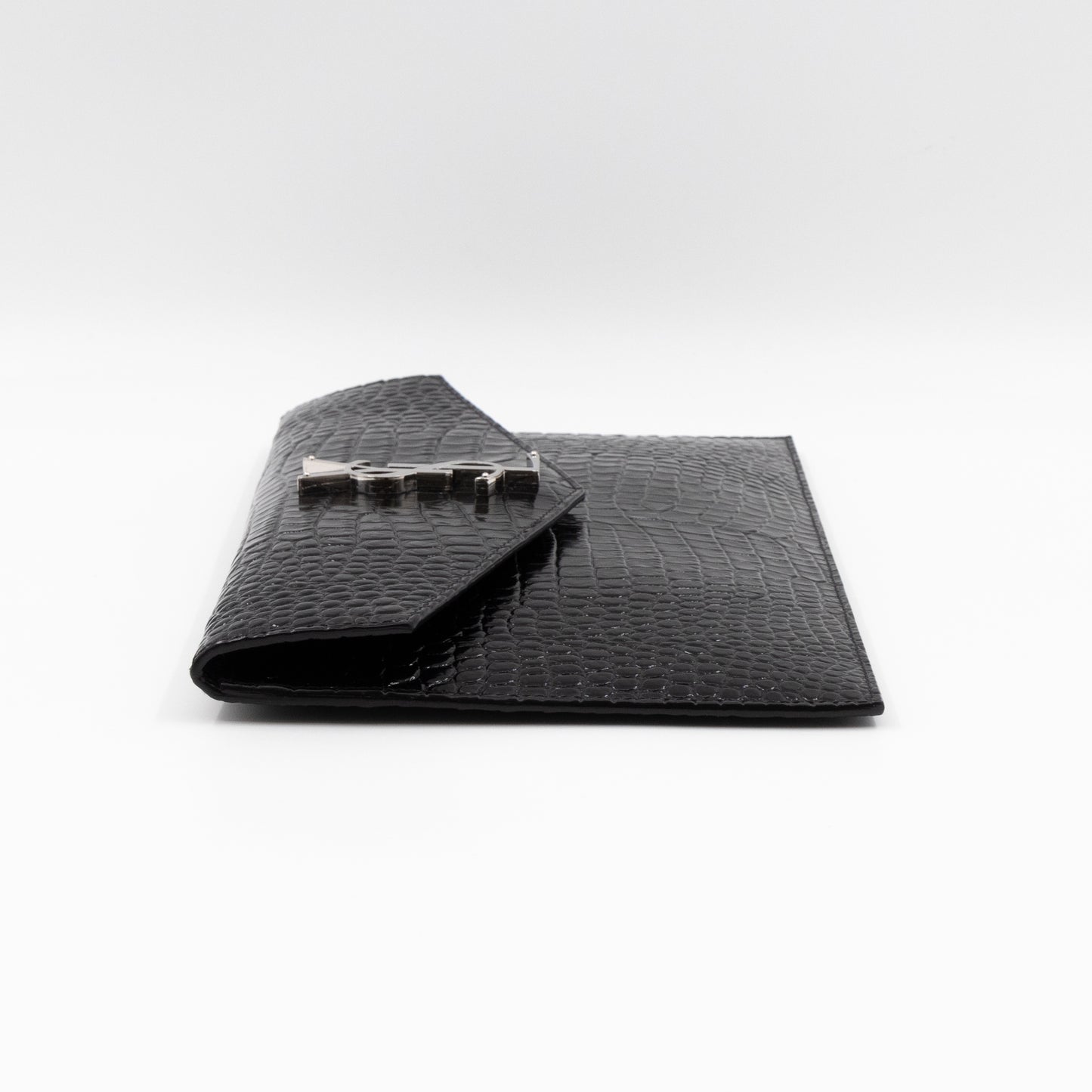 Uptown Pouch Black Croc Embossed Leather Silver
