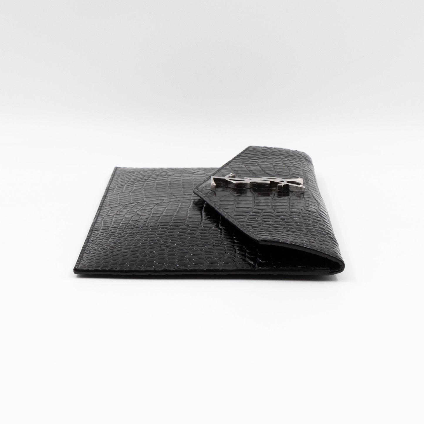 Uptown Pouch Black Croc Embossed Leather Silver