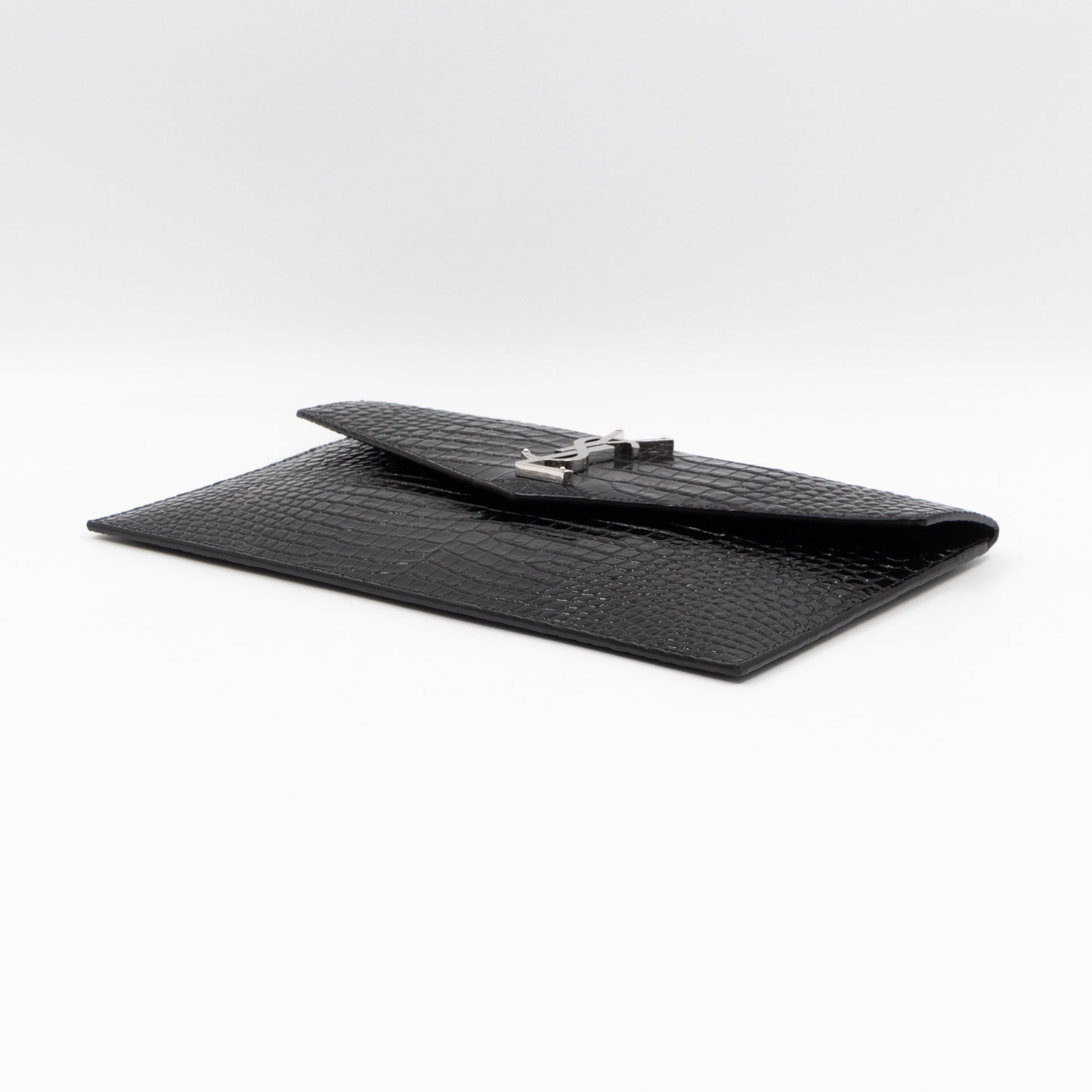 Uptown Pouch Black Croc Embossed Leather Silver