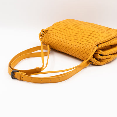 Drawstring Flap Crossbody Bag Intrecciato Yellow Leather