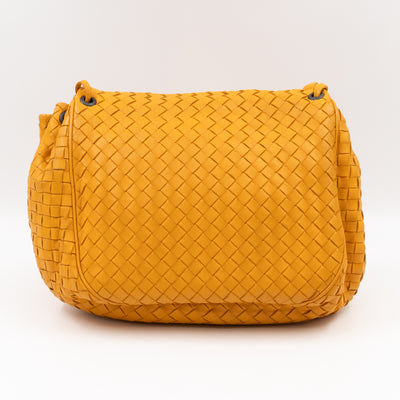 Drawstring Flap Crossbody Bag Intrecciato Yellow Leather