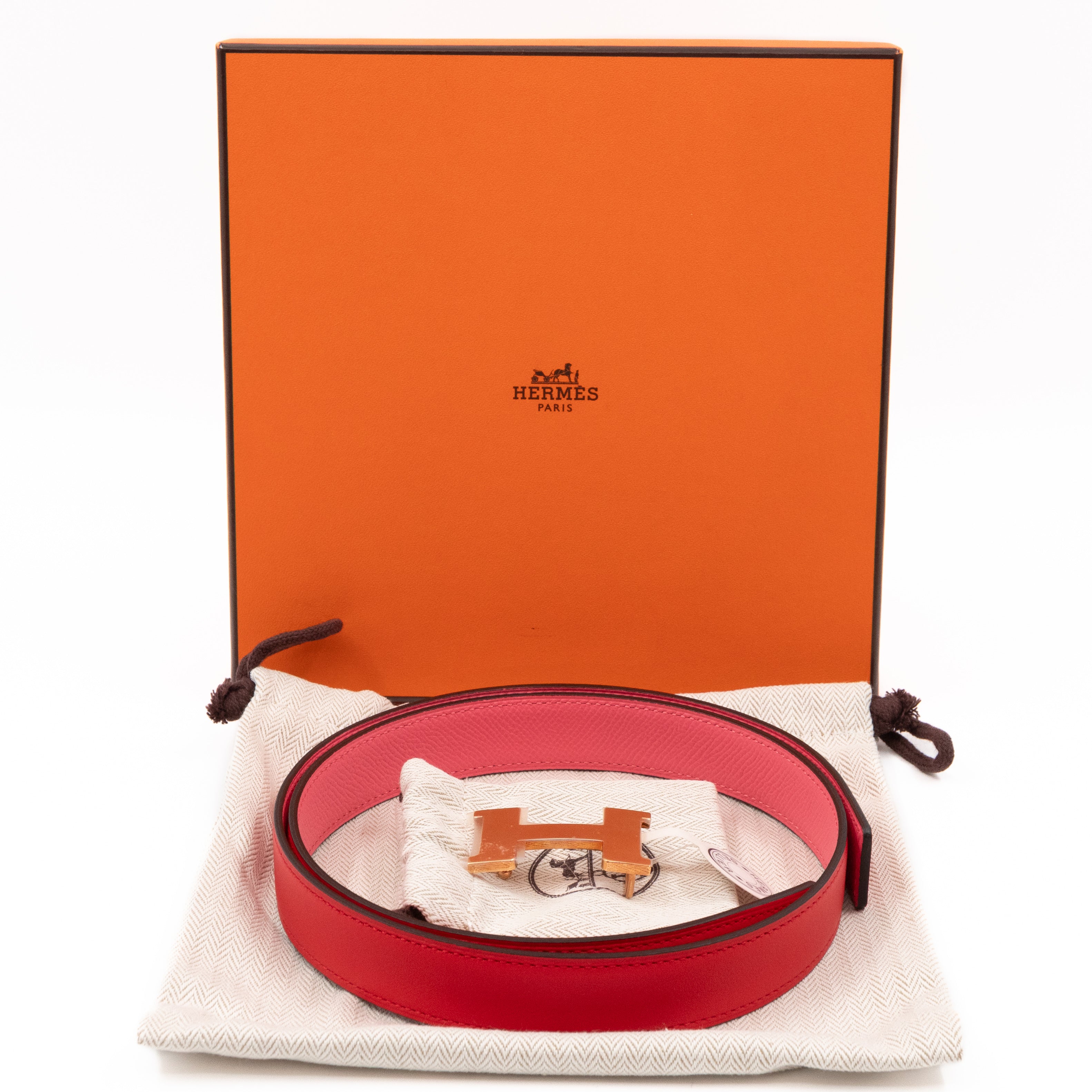 Mini Constance Buckle & Reversible Red and Rose Azalee Leather Belt 75 cm