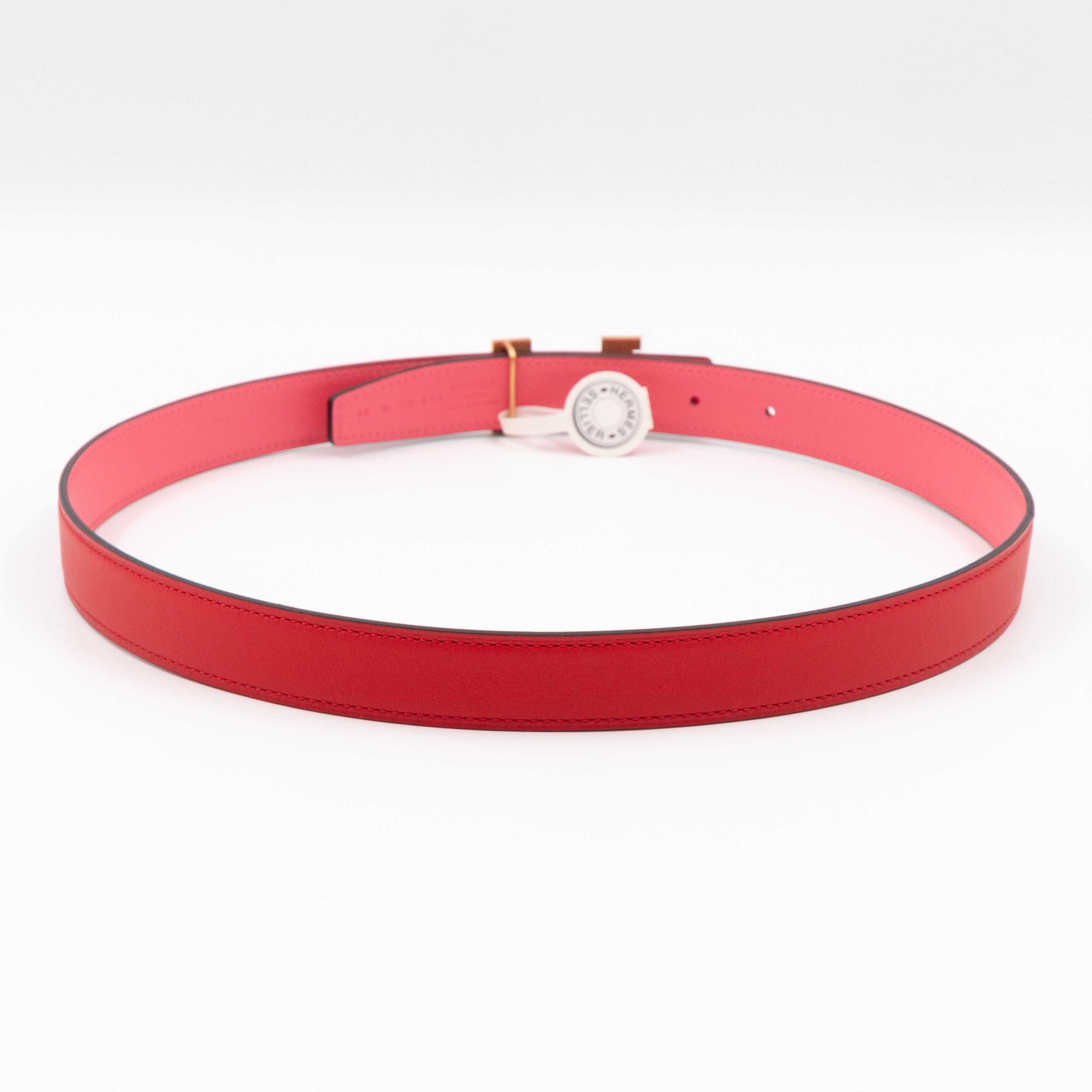 Mini Constance Buckle & Reversible Red and Rose Azalee Leather Belt 75 cm