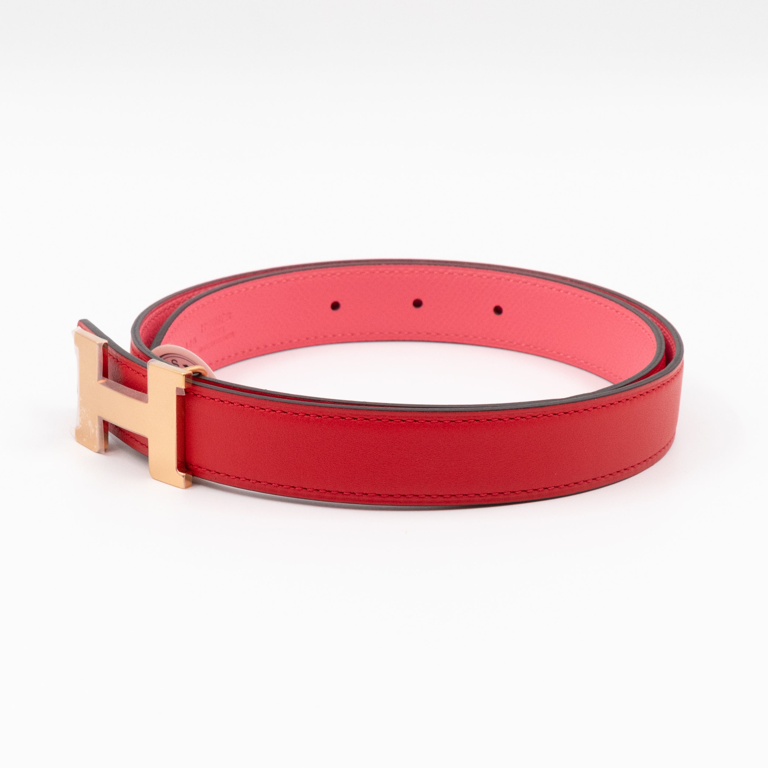 Mini Constance Buckle & Reversible Red and Rose Azalee Leather Belt 75 cm