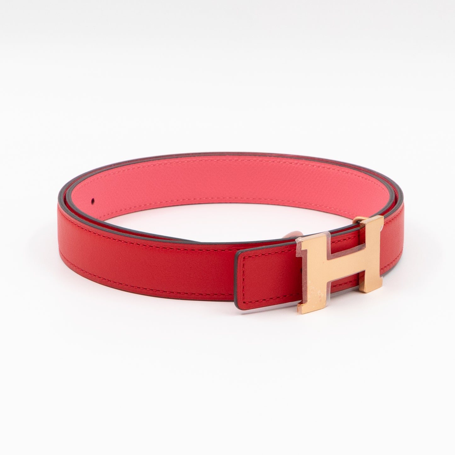 Mini Constance Buckle & Reversible Red and Rose Azalee Leather Belt 75 cm
