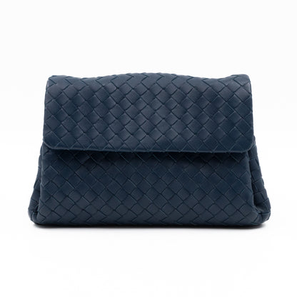 Compartment Flap Clutch Medium Intrecciato Blue Leather