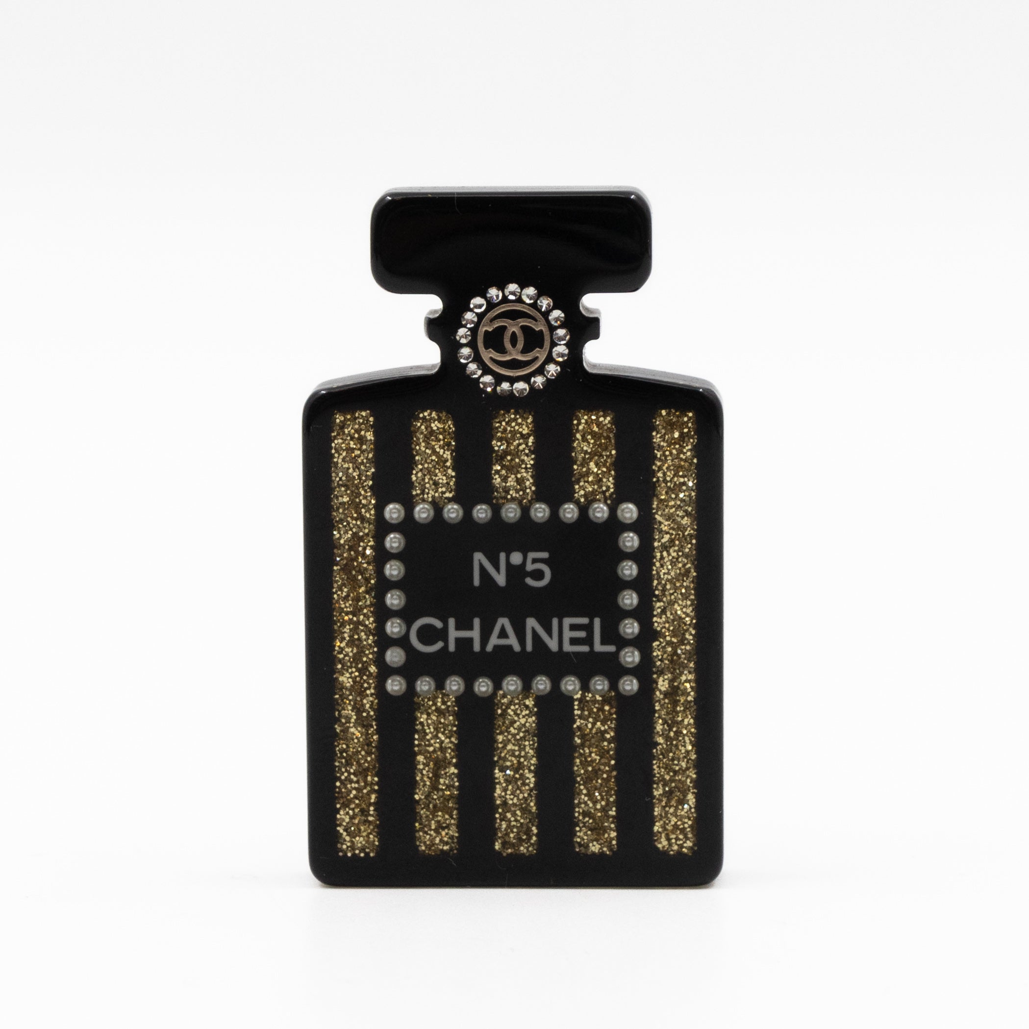 Resin Strass Perfume Bottle CC Brooch Black Gold