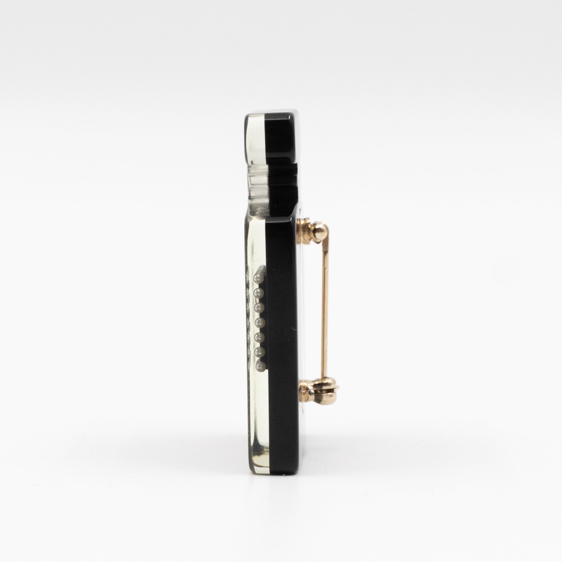 Resin Strass Perfume Bottle CC Brooch Black Gold