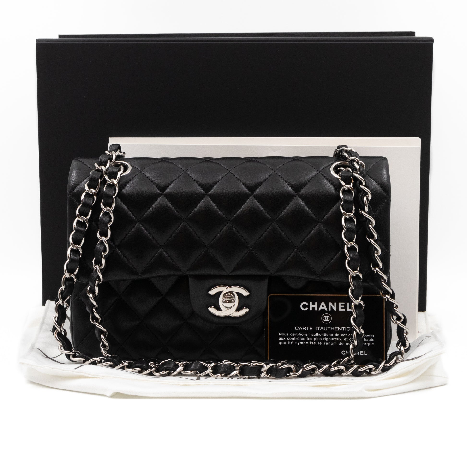 Chanel – Chanel Classic Double Flap Small Black Lambskin Silver Hardware –  Queen Station
