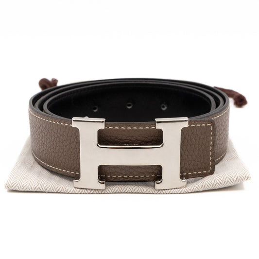 H Buckle & Reversible Etoupe and Black Leather Belt 90 cm