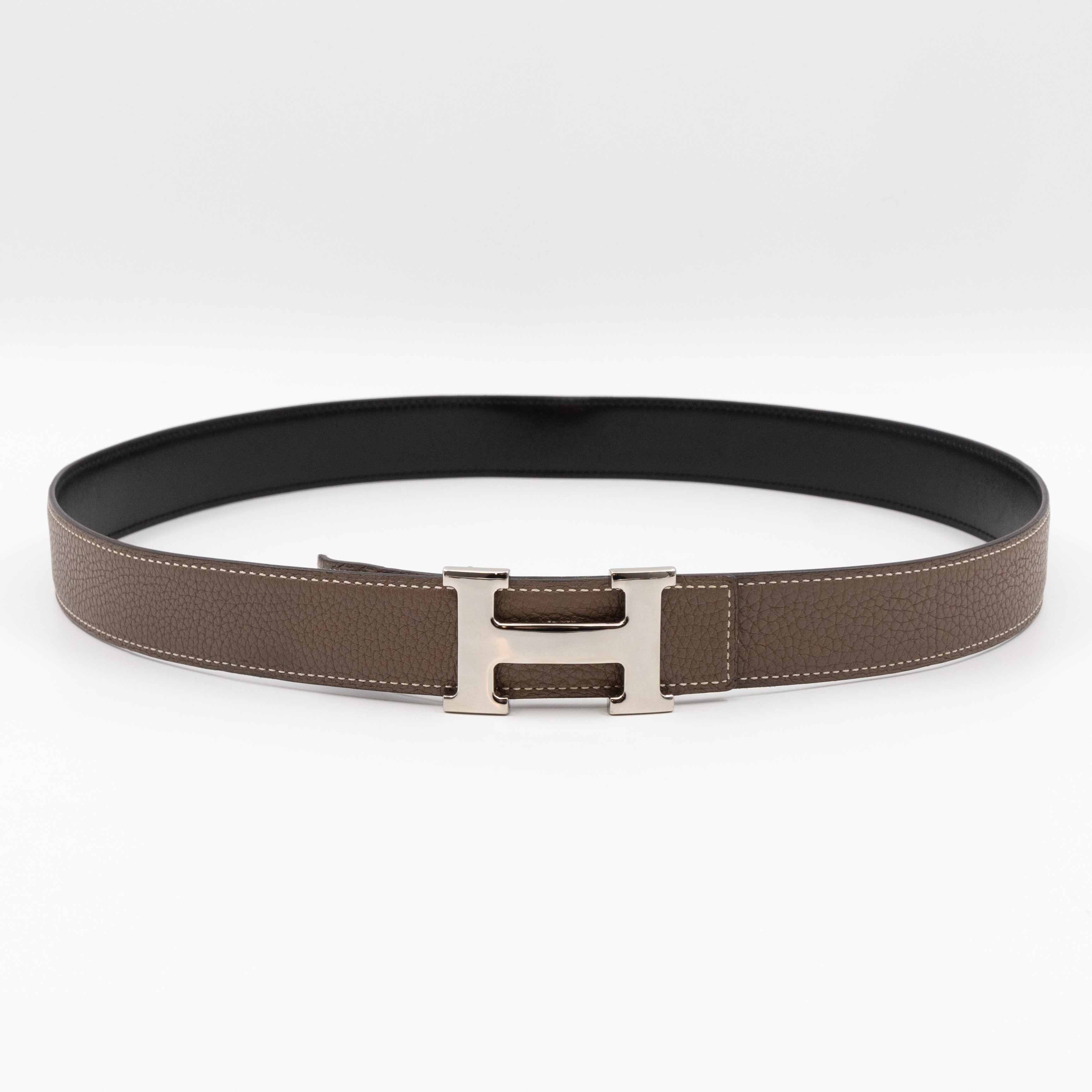 H Buckle & Reversible Etoupe and Black Leather Belt 90 cm