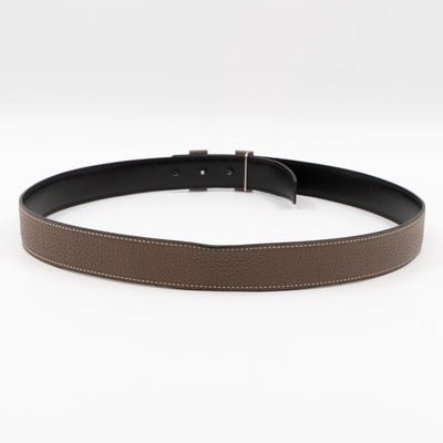 H Buckle & Reversible Etoupe and Black Leather Belt 90 cm