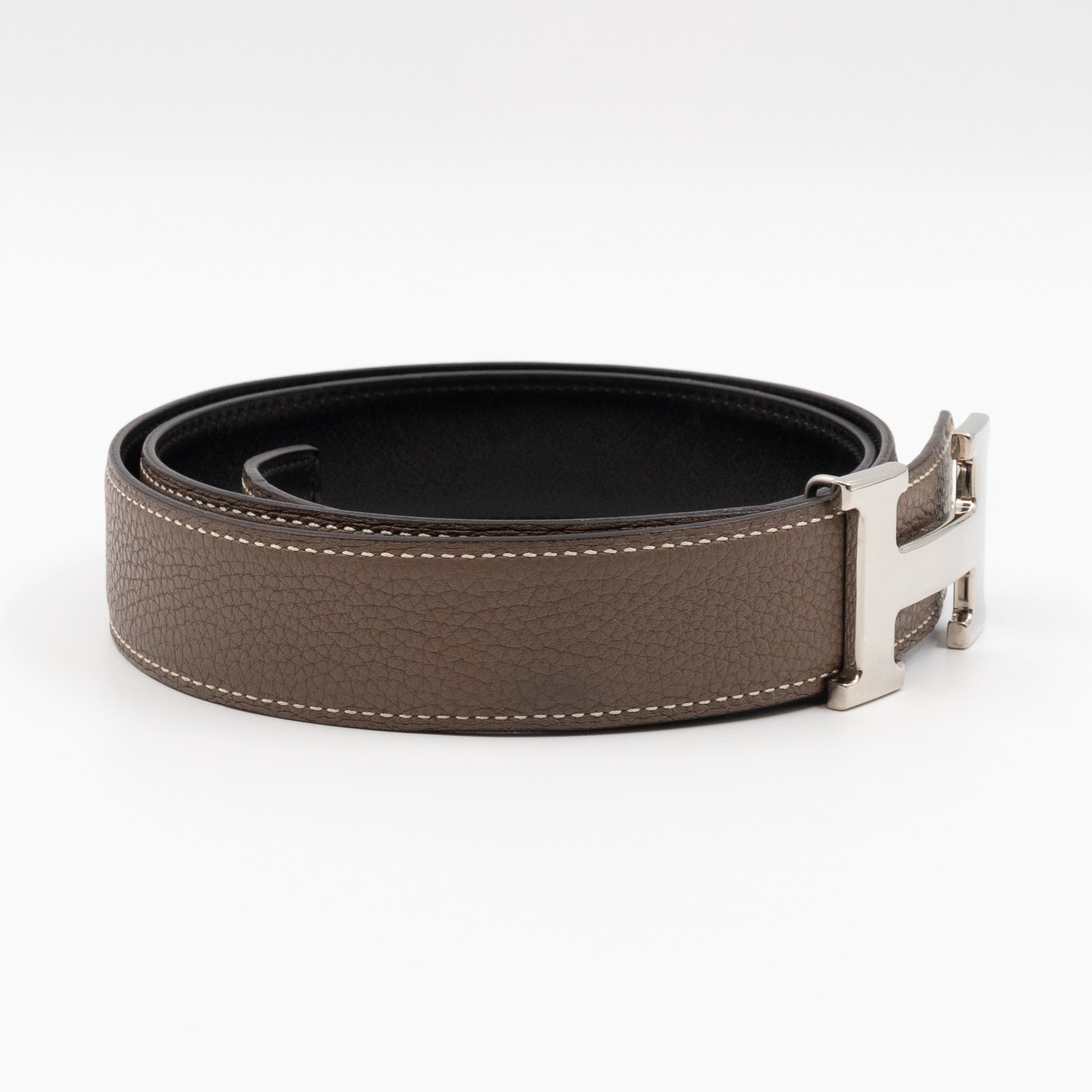 H Buckle & Reversible Etoupe and Black Leather Belt 90 cm