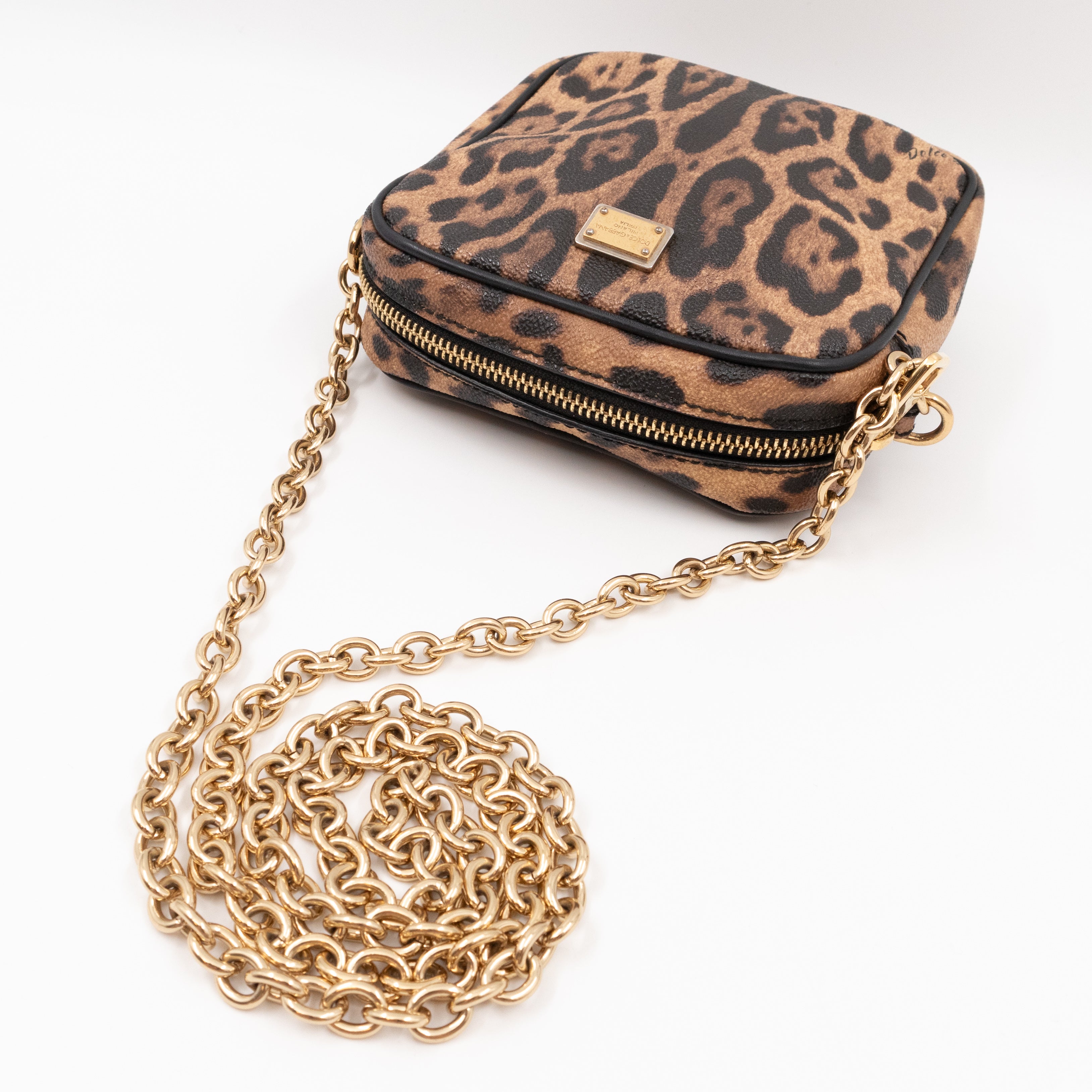 Square Chain Crossbody Bag Dauphine Leather Leopard