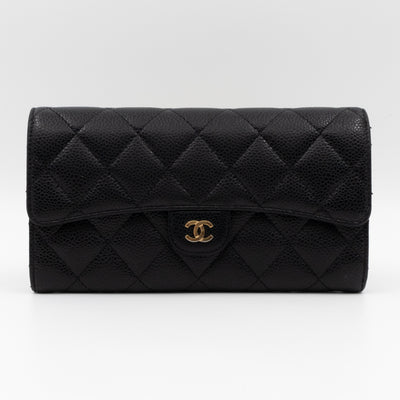 Classic Flap Long Wallet Black Caviar Gold