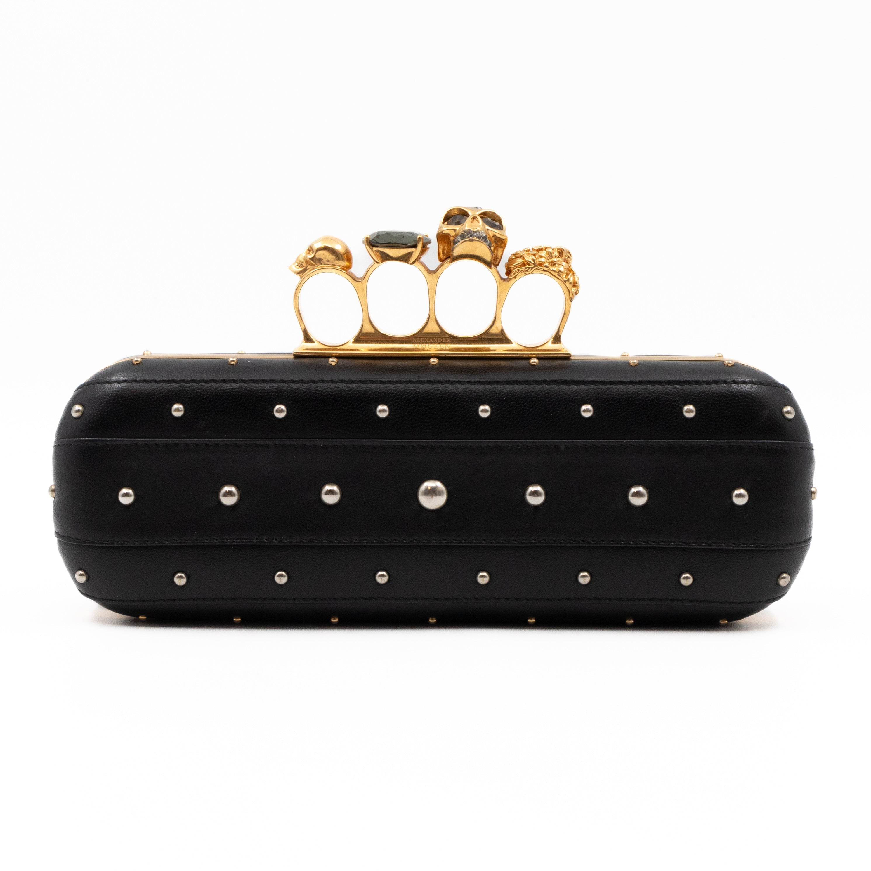 Long Skull Knuckle Clutch Studded Black Leather