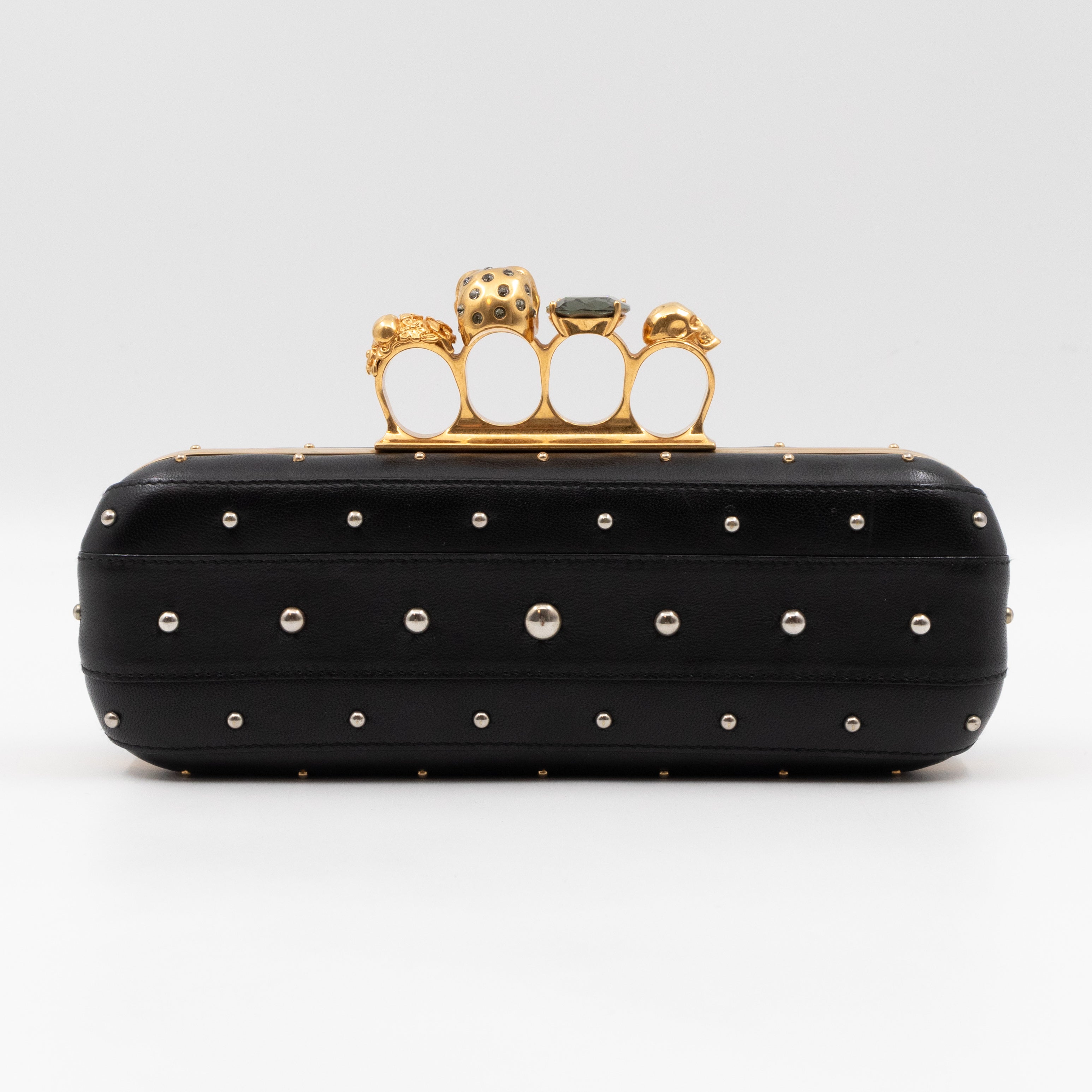 Long Skull Knuckle Clutch Studded Black Leather