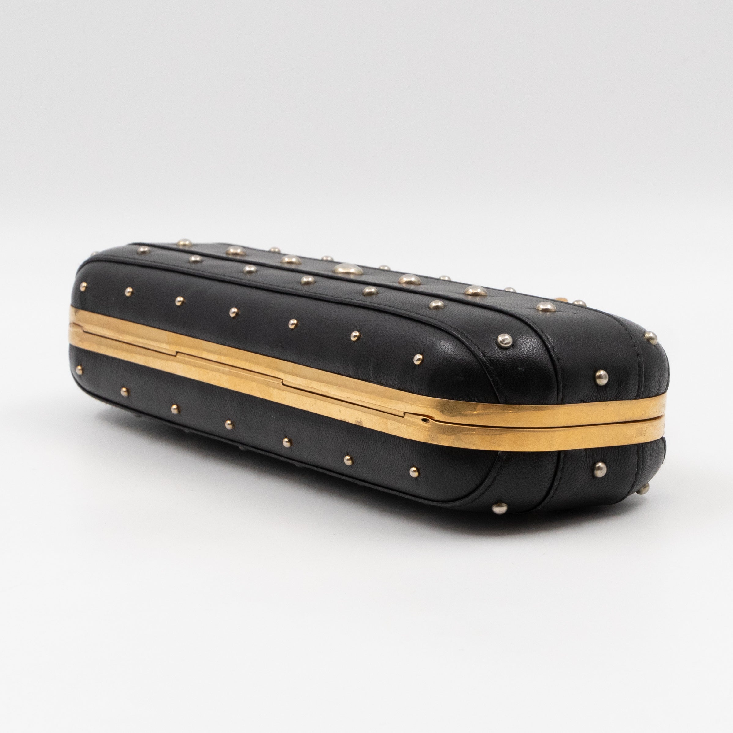 Long Skull Knuckle Clutch Studded Black Leather