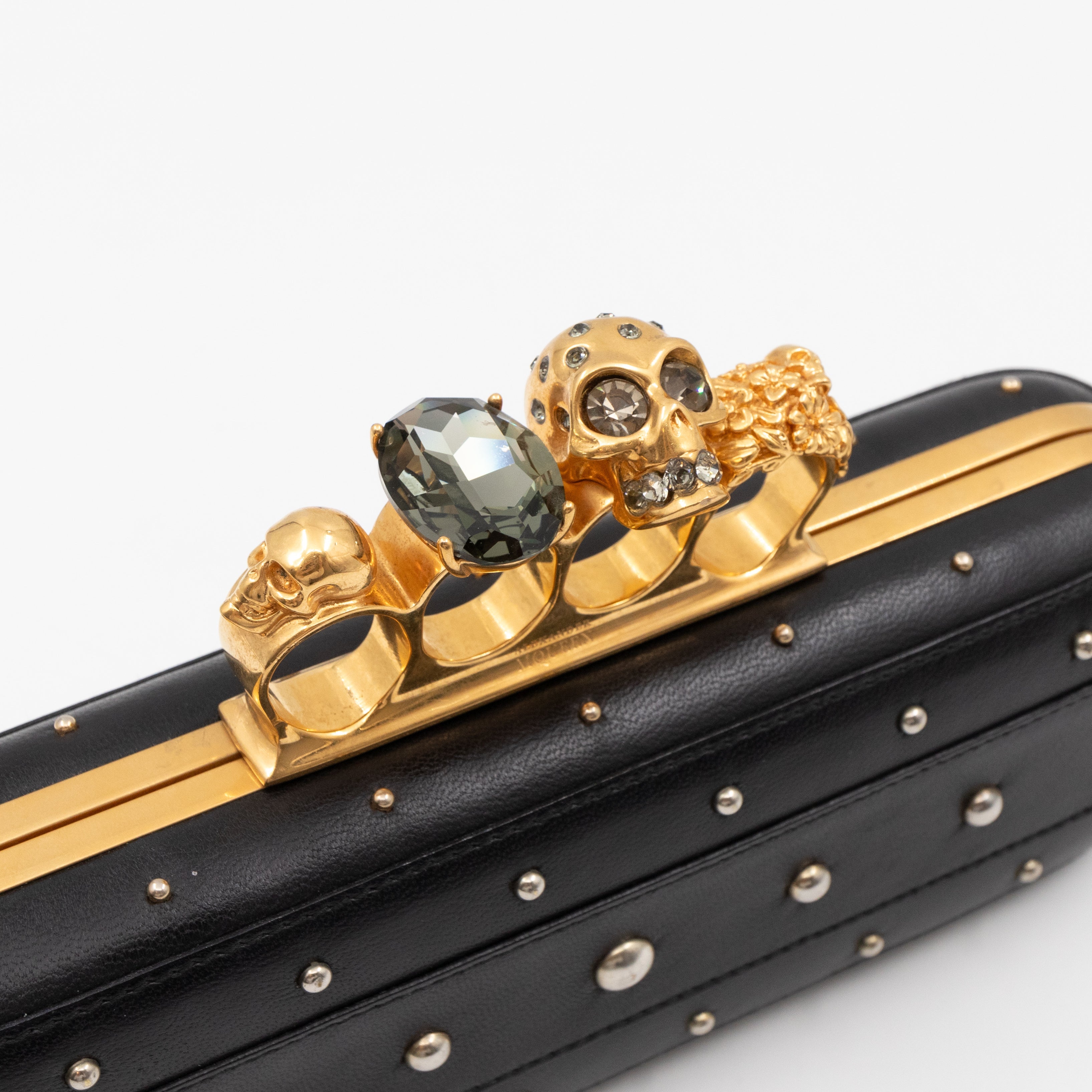 Long Skull Knuckle Clutch Studded Black Leather