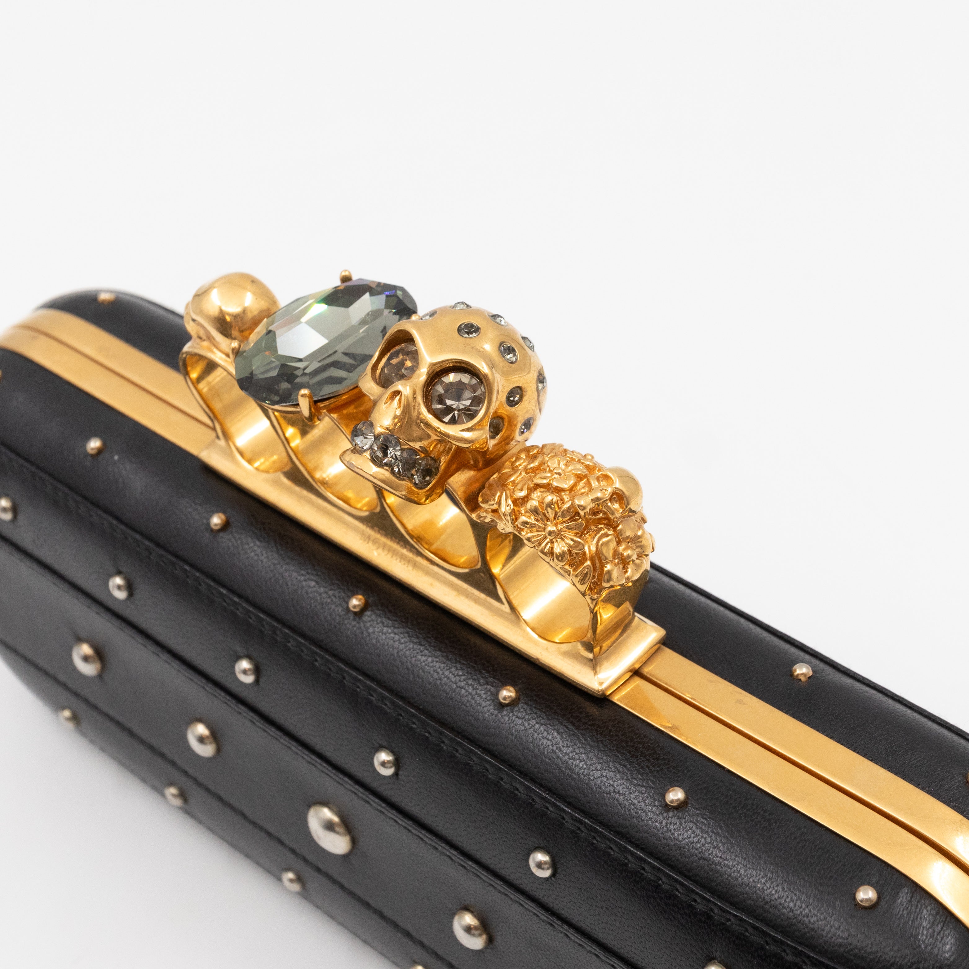 Long Skull Knuckle Clutch Studded Black Leather