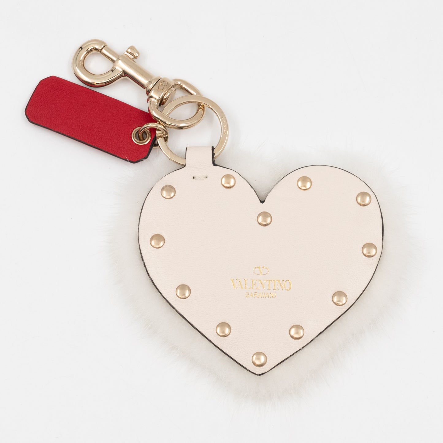 Rockstud Heart Bag Charm with Tags Leather and Fur White