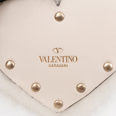 Rockstud Heart Bag Charm with Tags Leather and Fur White