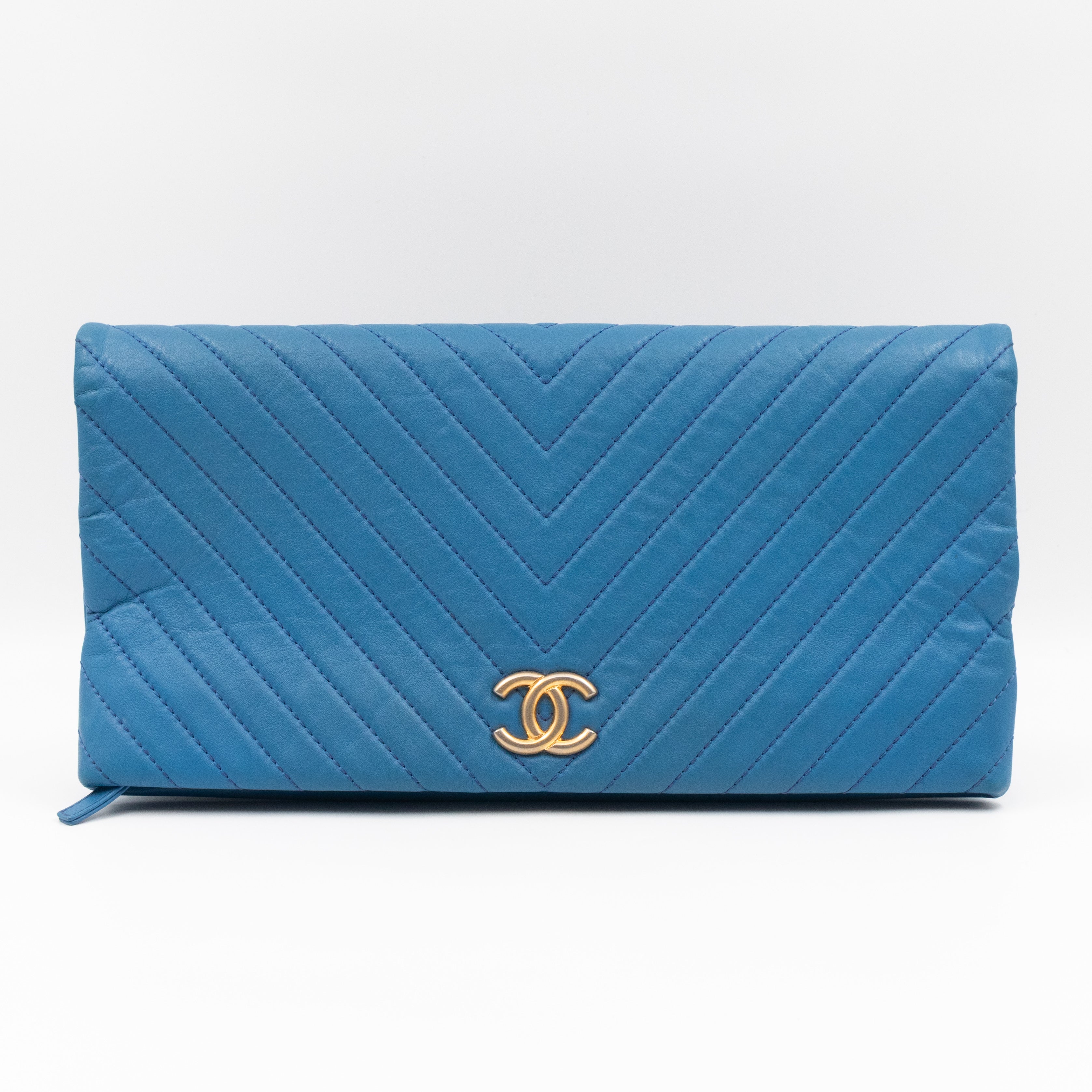 Greek Folding Clutch Blue Calfskin Chevron