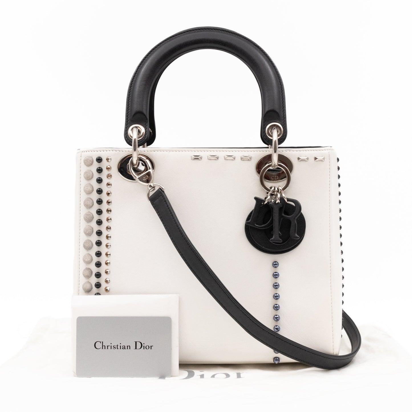 Lady Dior Medium Crystal Pearl Studded White Black Lambskin