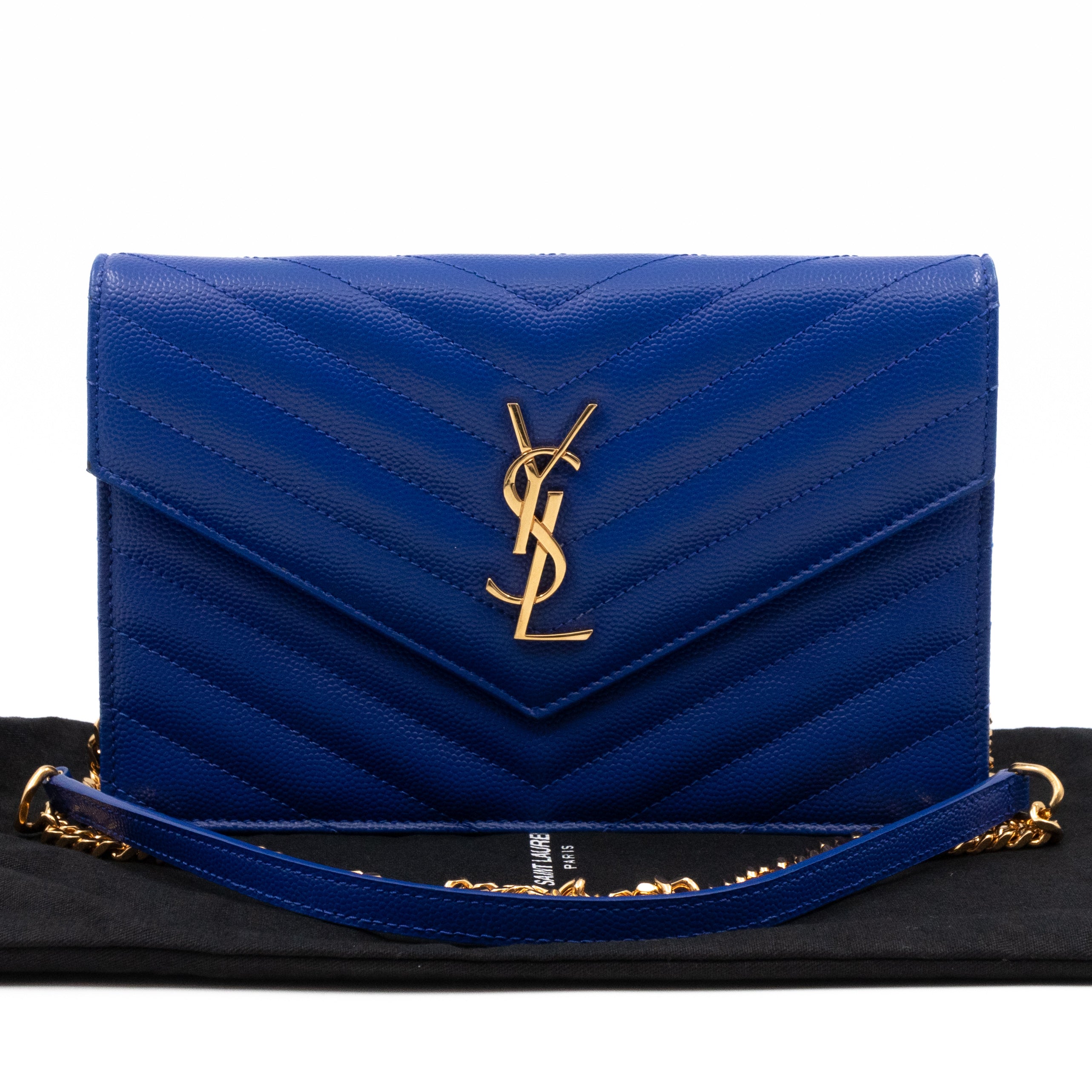 Cassandre Envelope Chain Wallet Blue Grained Leather