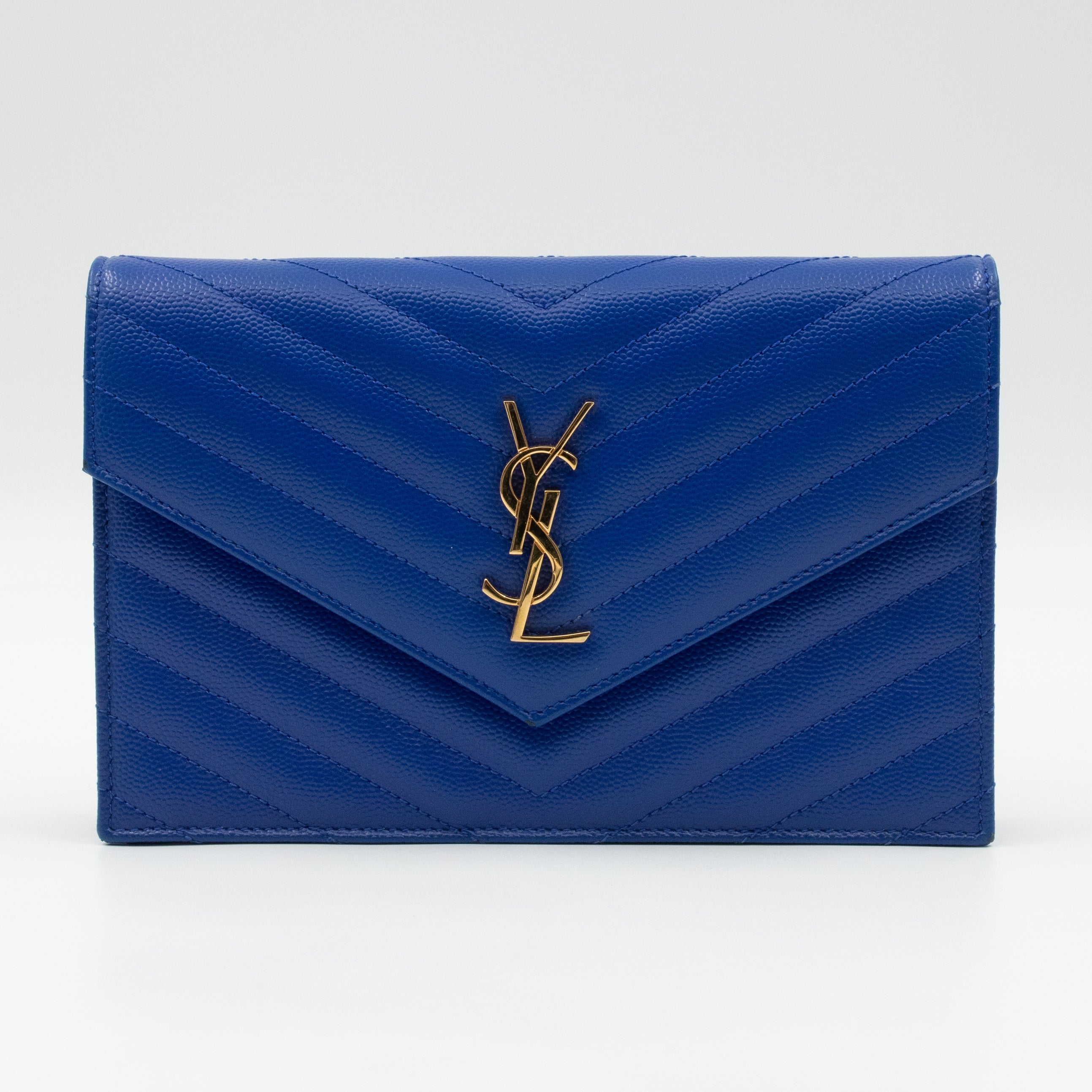 Cassandre Envelope Chain Wallet Blue Grained Leather