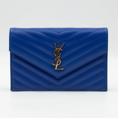Cassandre Envelope Chain Wallet Blue Grained Leather