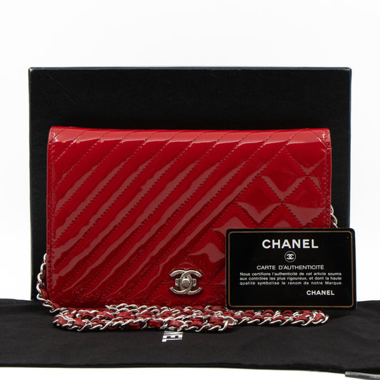 Coco Boy Wallet On Chain Quilted Red Patent Leather Silver