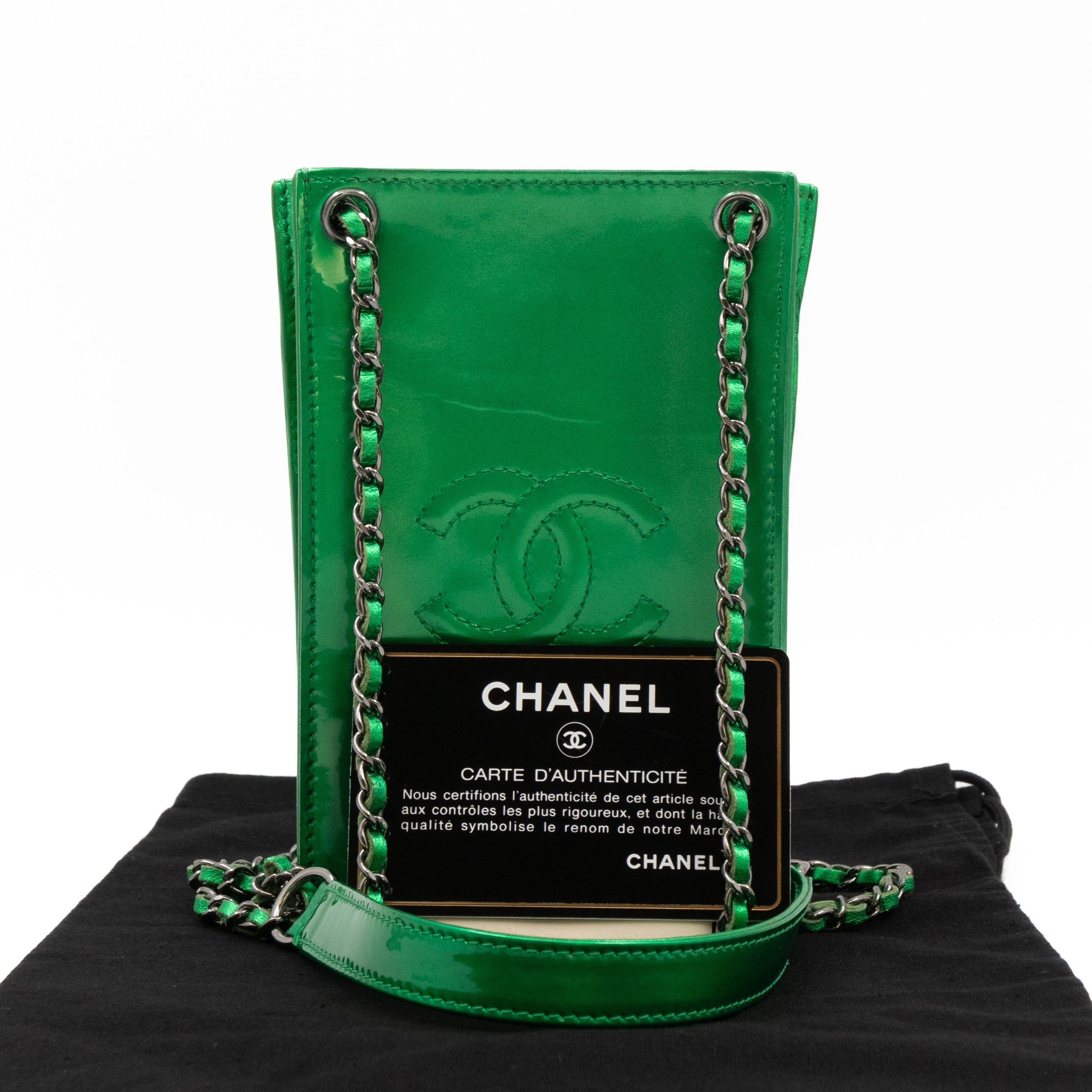 CC Phone Holder Crossbody Bag Green Metallic Patent Leather