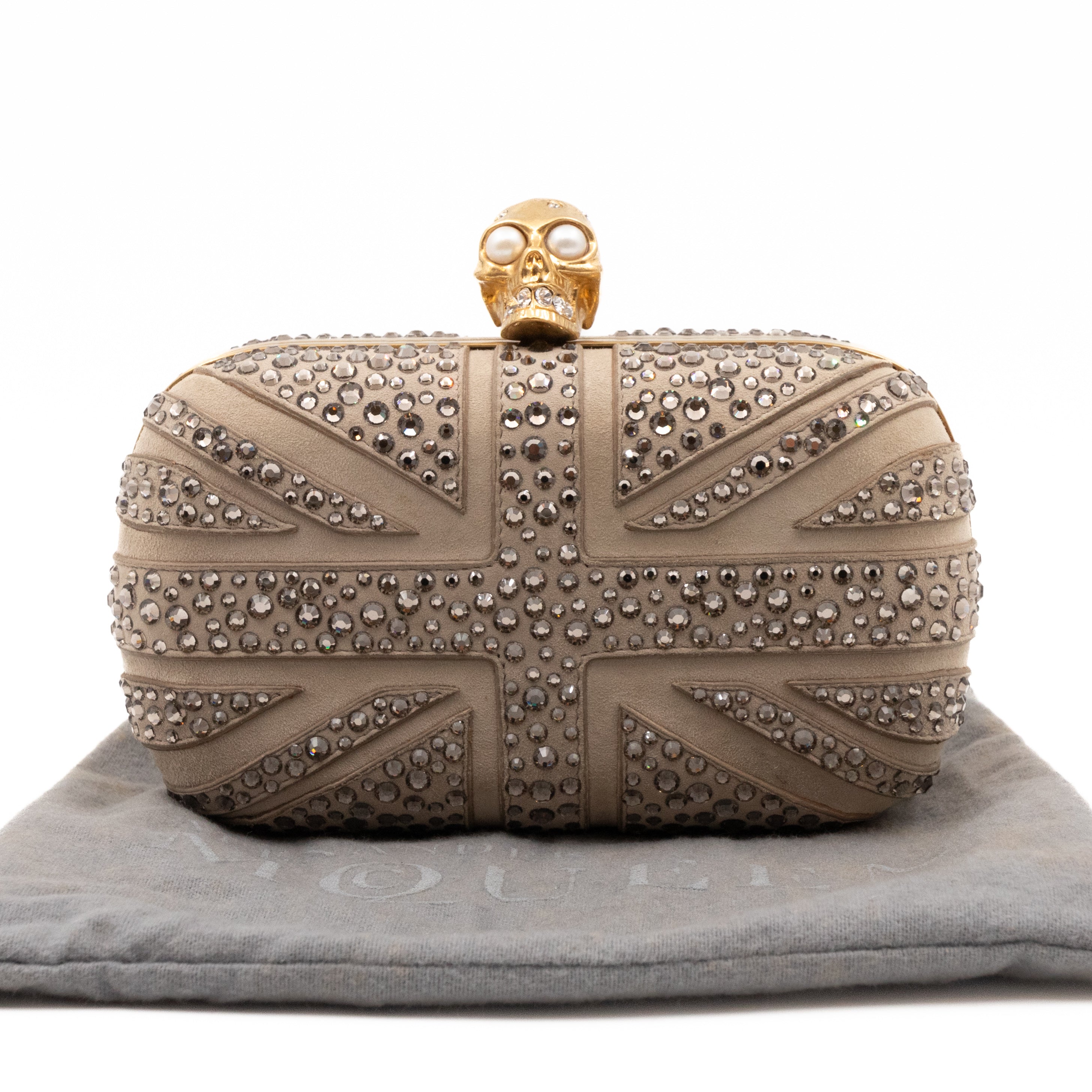 Skull Clutch Britannia Union Jack Crystal Beige Suede