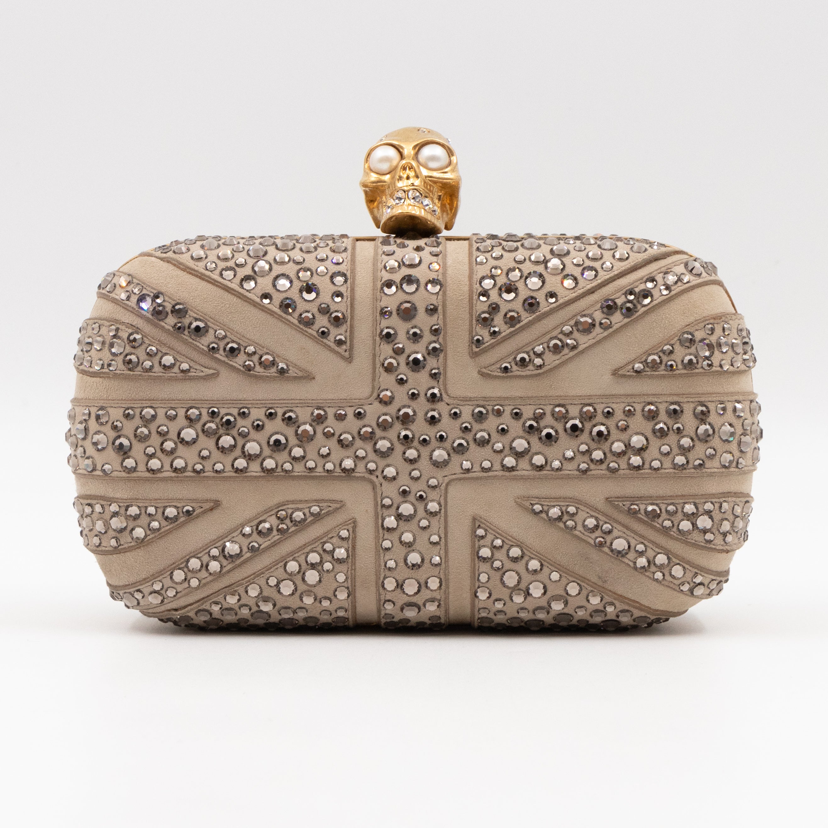 Skull Clutch Britannia Union Jack Crystal Beige Suede