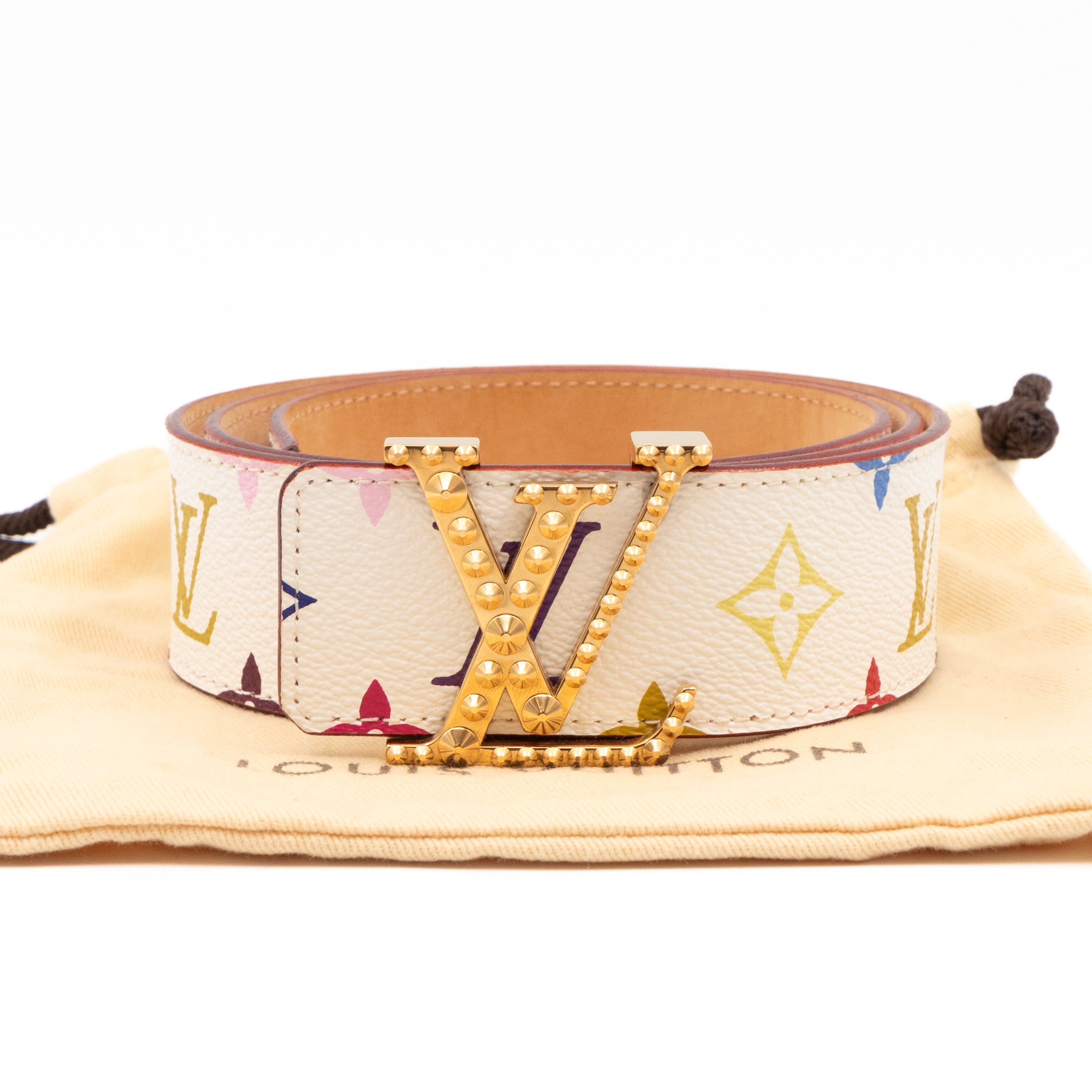 LV Studded Initiales Belt 40 mm 90 cm Multicolore White Leather