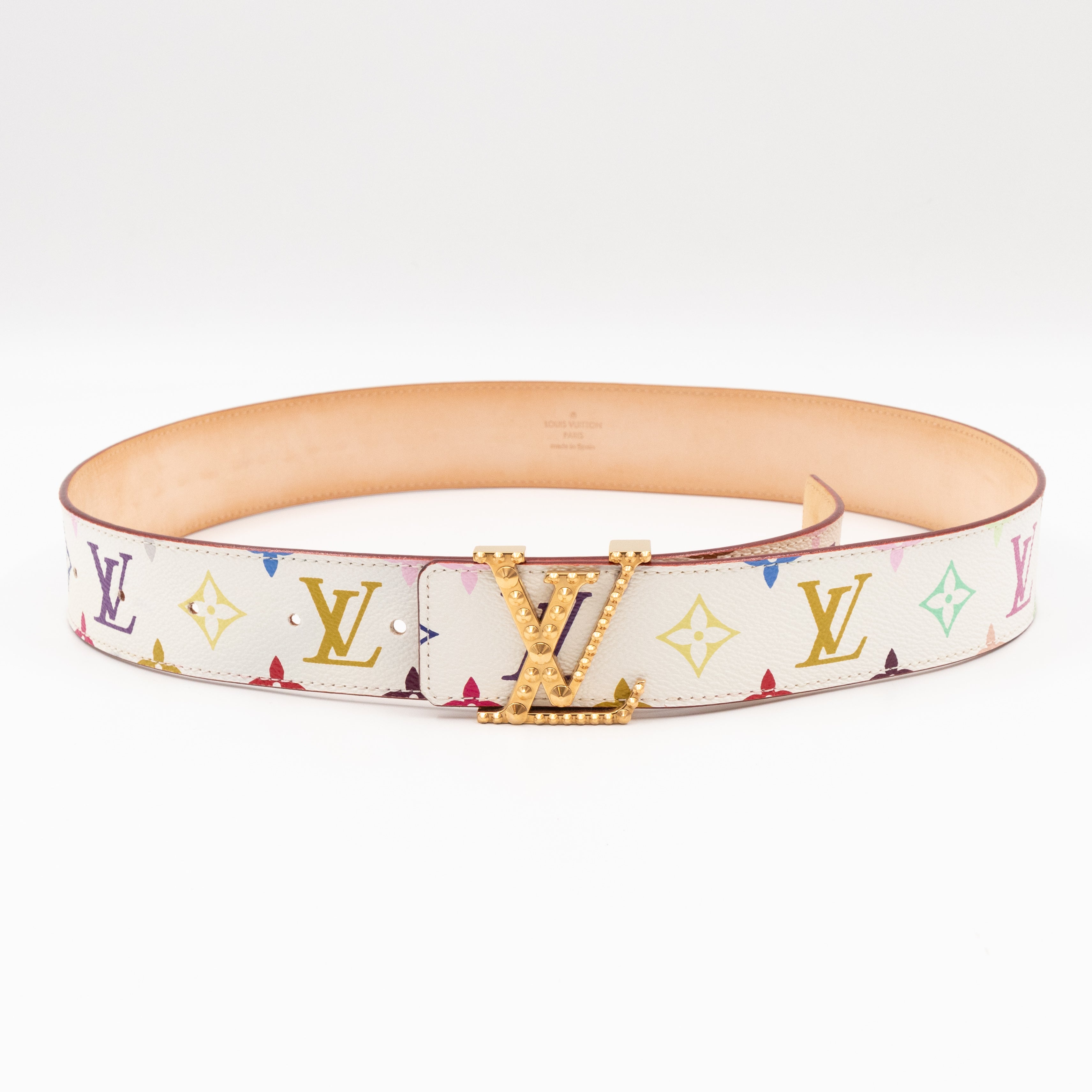 LV Studded Initiales Belt 40 mm 90 cm Multicolore White Leather