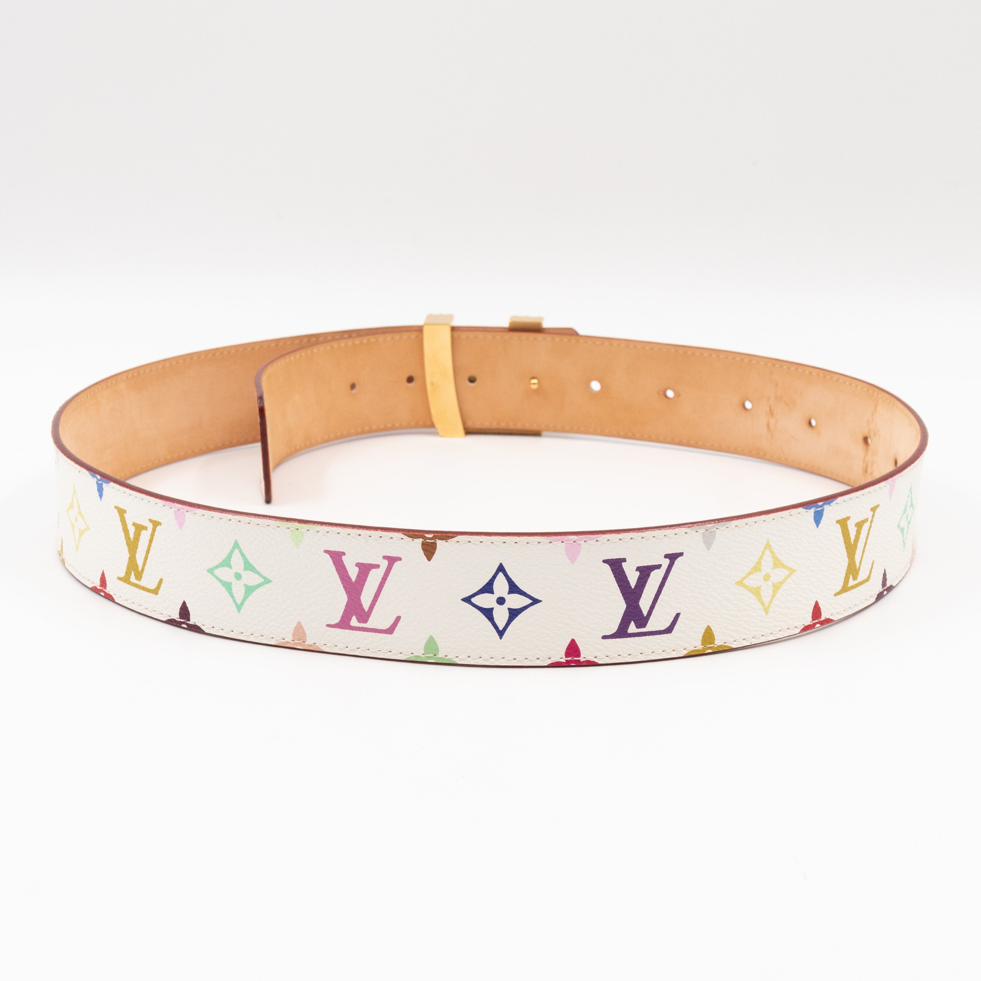 LV Studded Initiales Belt 40 mm 90 cm Multicolore White Leather