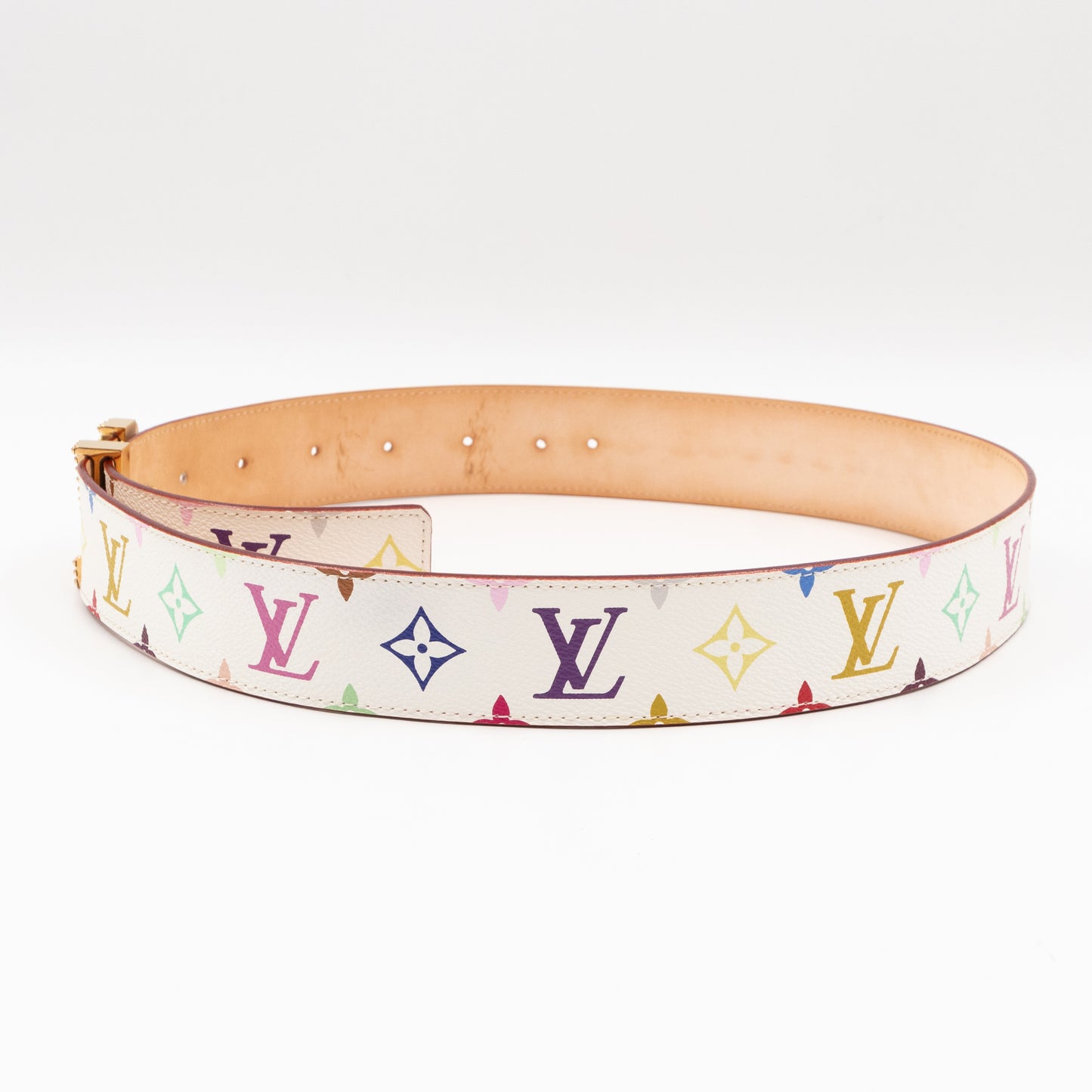 LV Studded Initiales Belt 40 mm 90 cm Multicolore White Leather