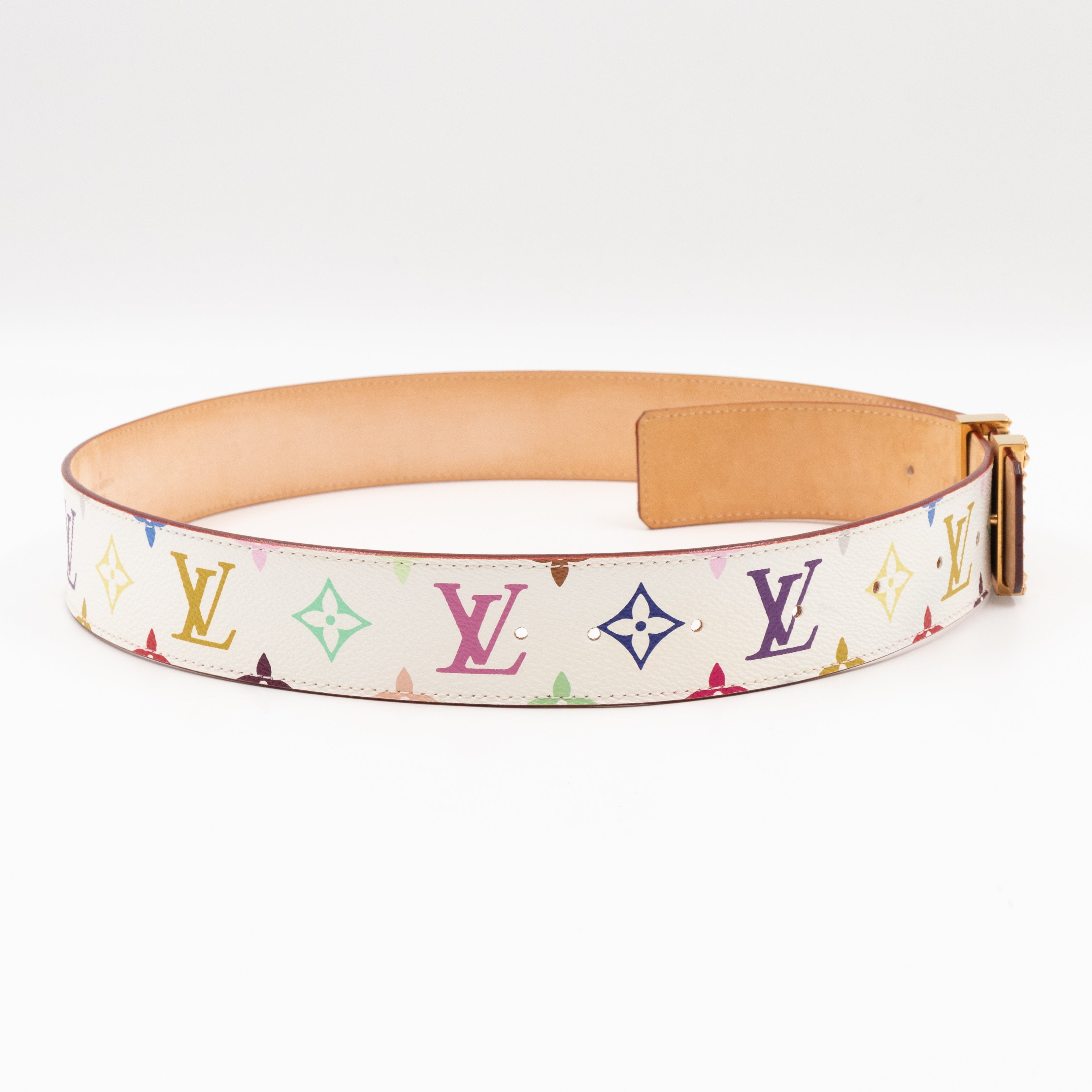 LV Studded Initiales Belt 40 mm 90 cm Multicolore White Leather