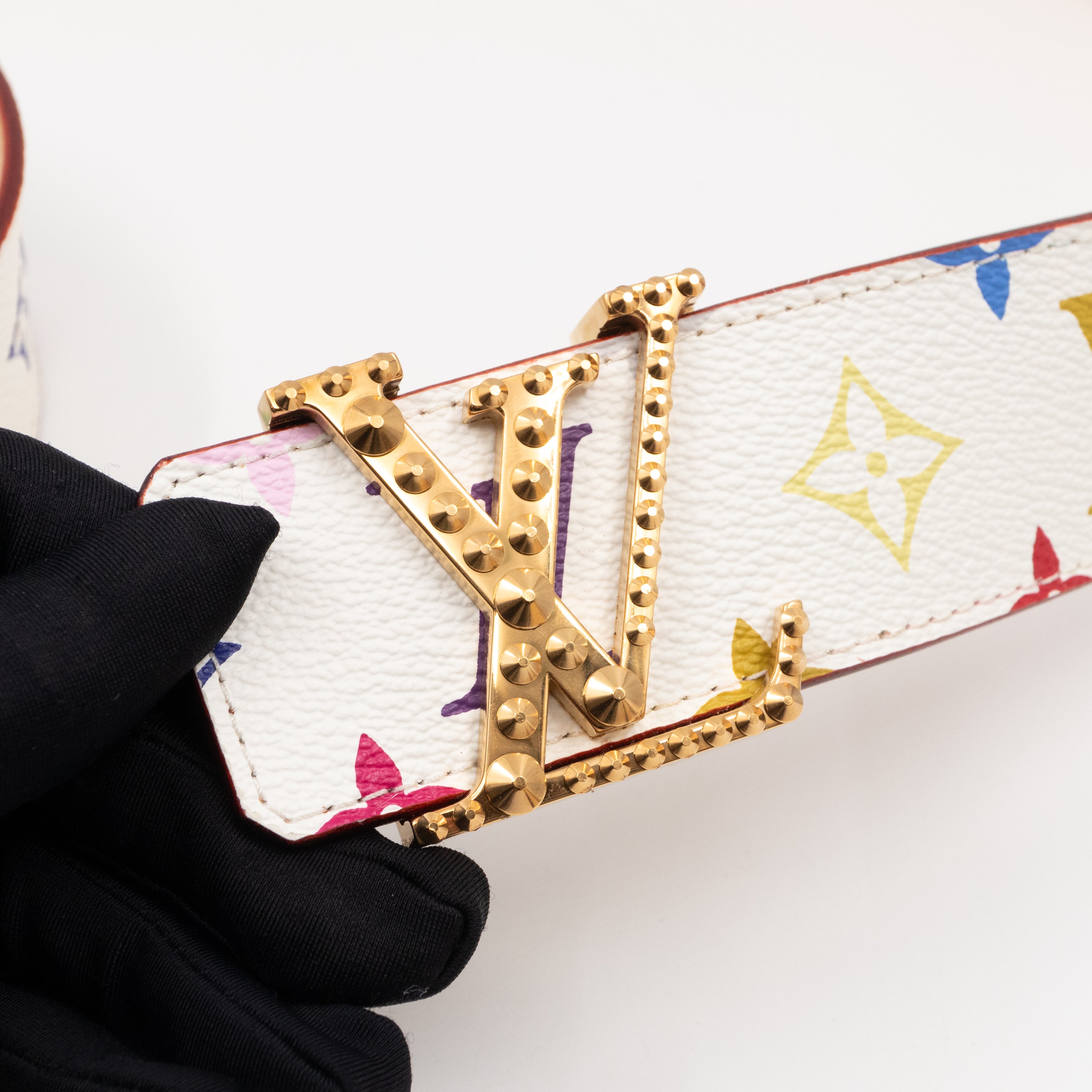 LV Studded Initiales Belt 40 mm 90 cm Multicolore White Leather