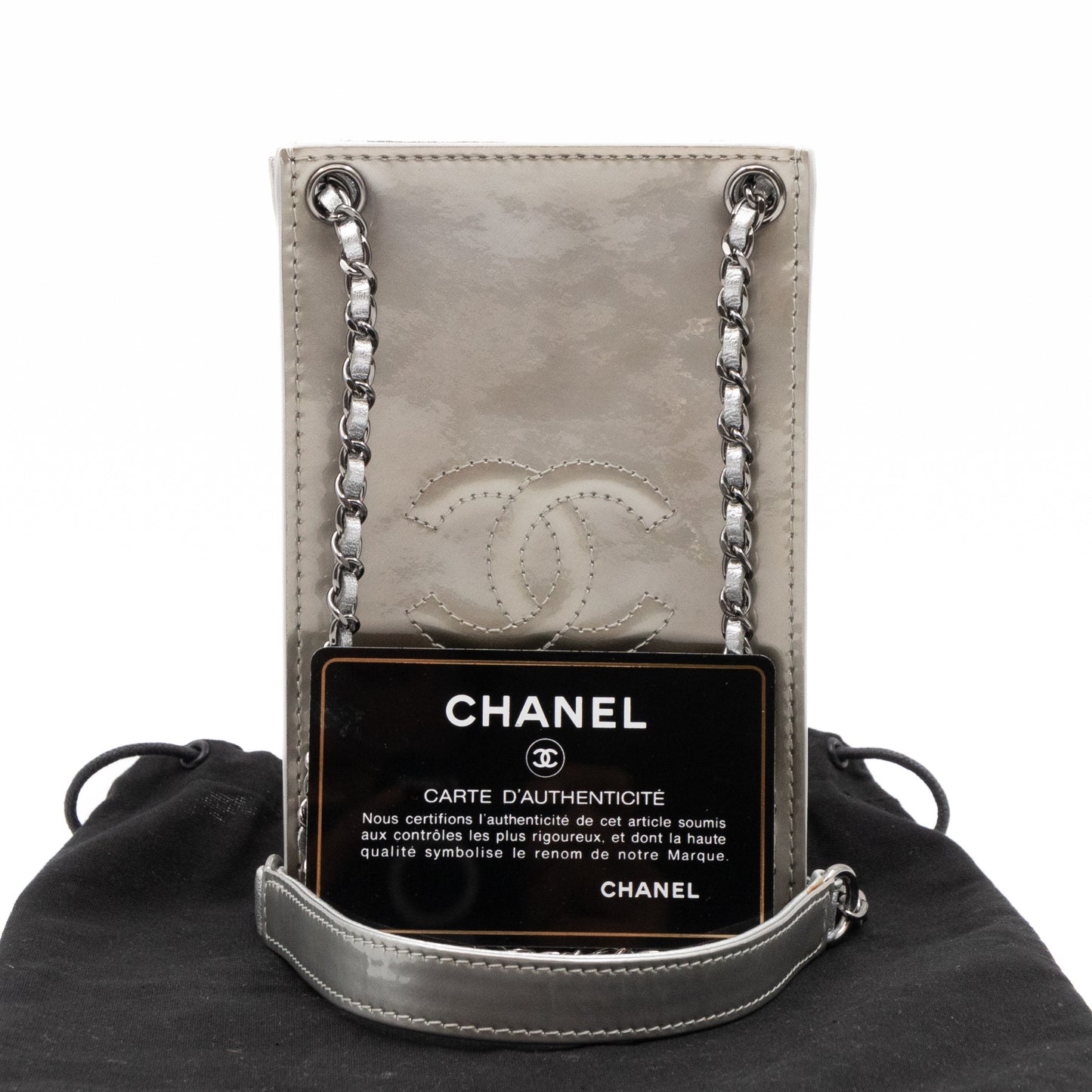 CC Phone Holder Crossbody Bag Silver Metallic Patent Leather