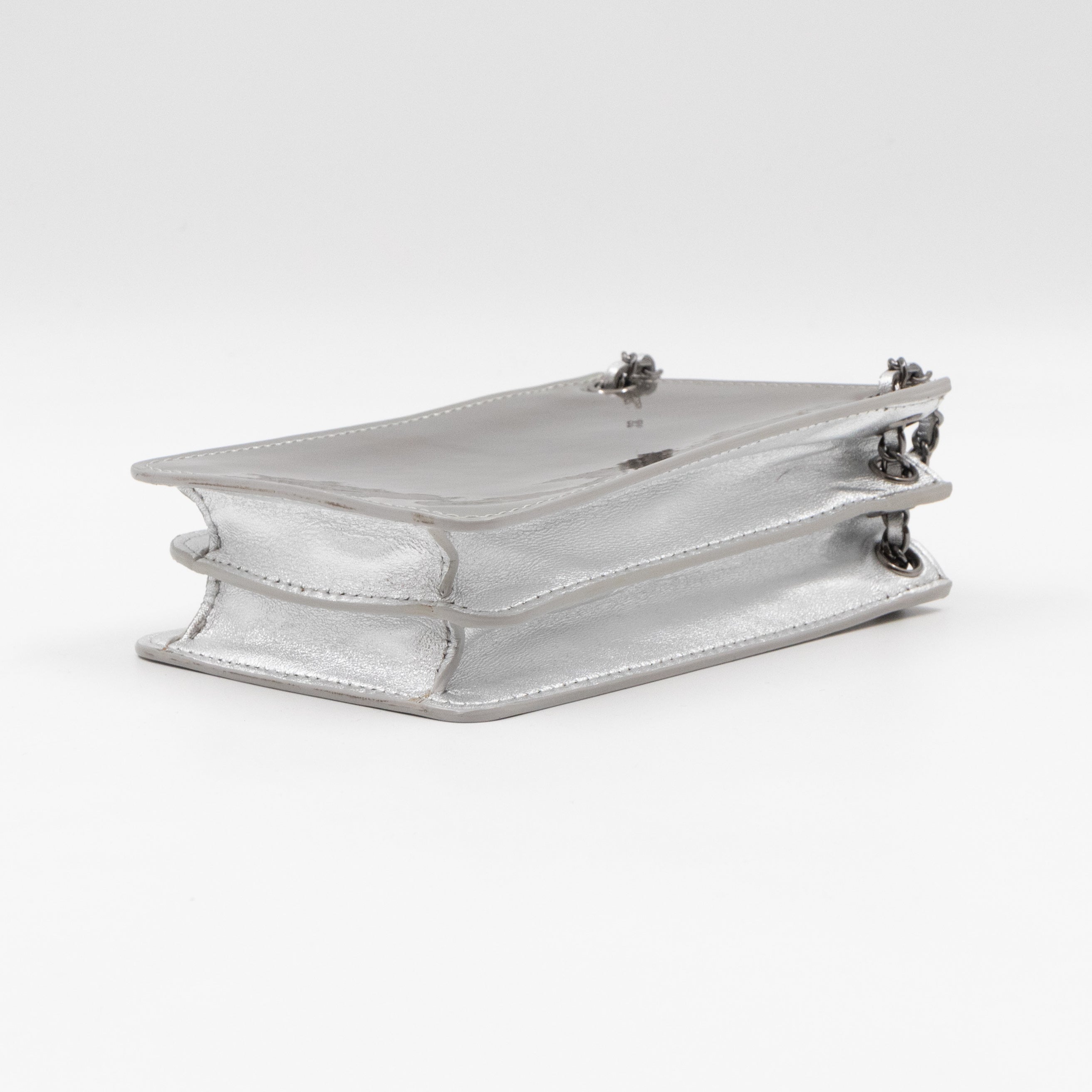 CC Phone Holder Crossbody Bag Silver Metallic Patent Leather