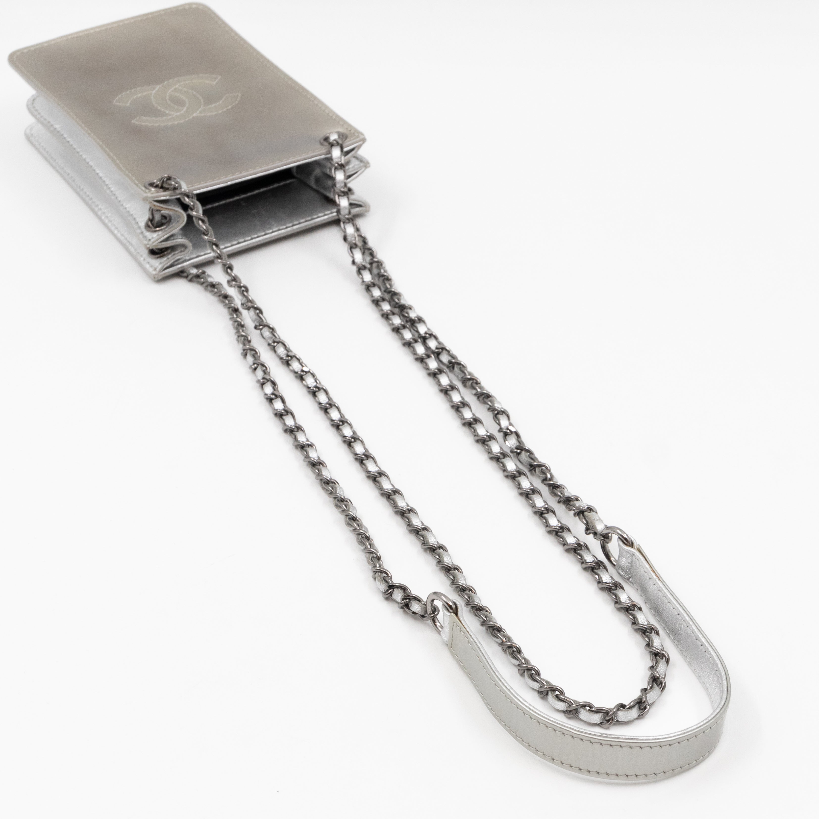 CC Phone Holder Crossbody Bag Silver Metallic Patent Leather