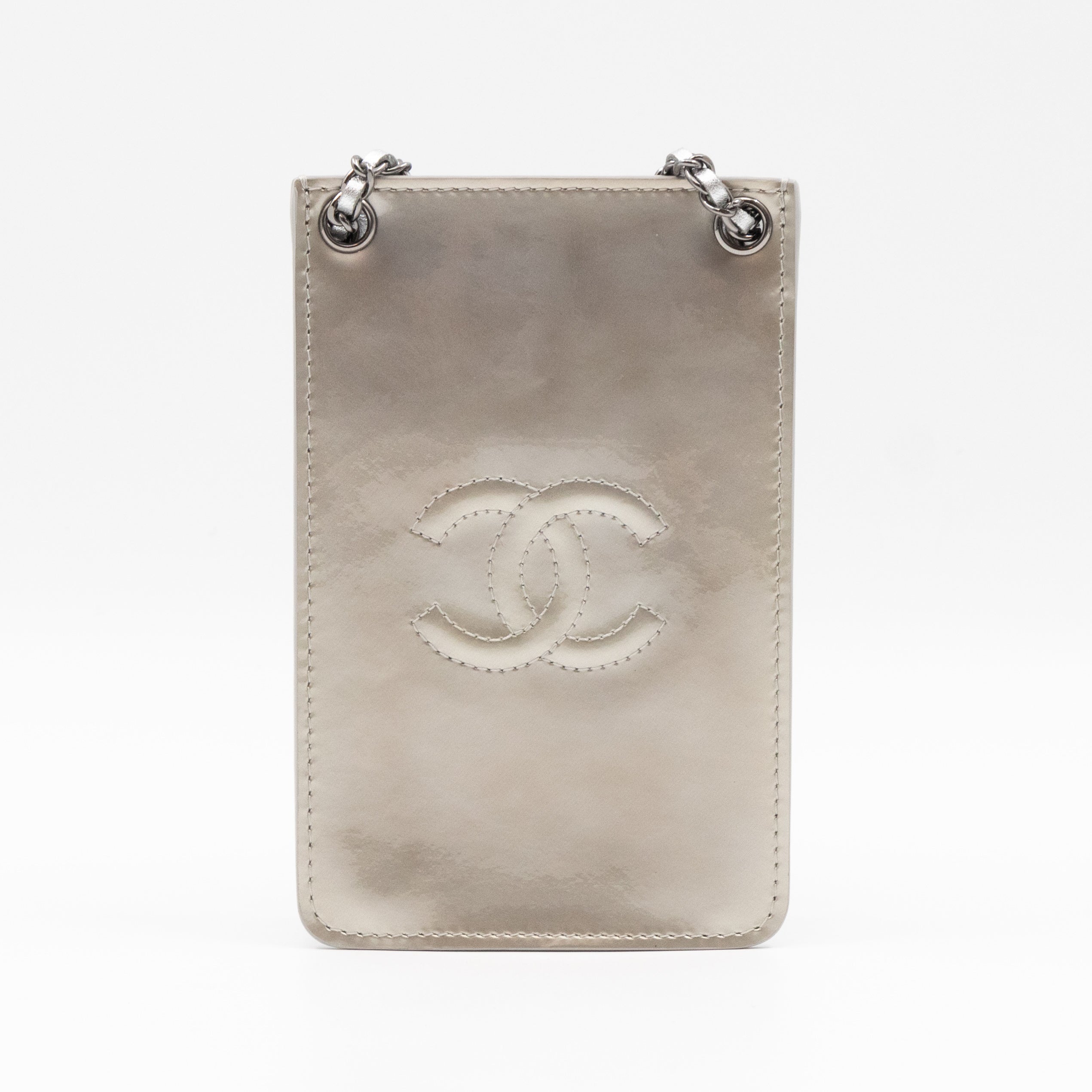 CC Phone Holder Crossbody Bag Silver Metallic Patent Leather