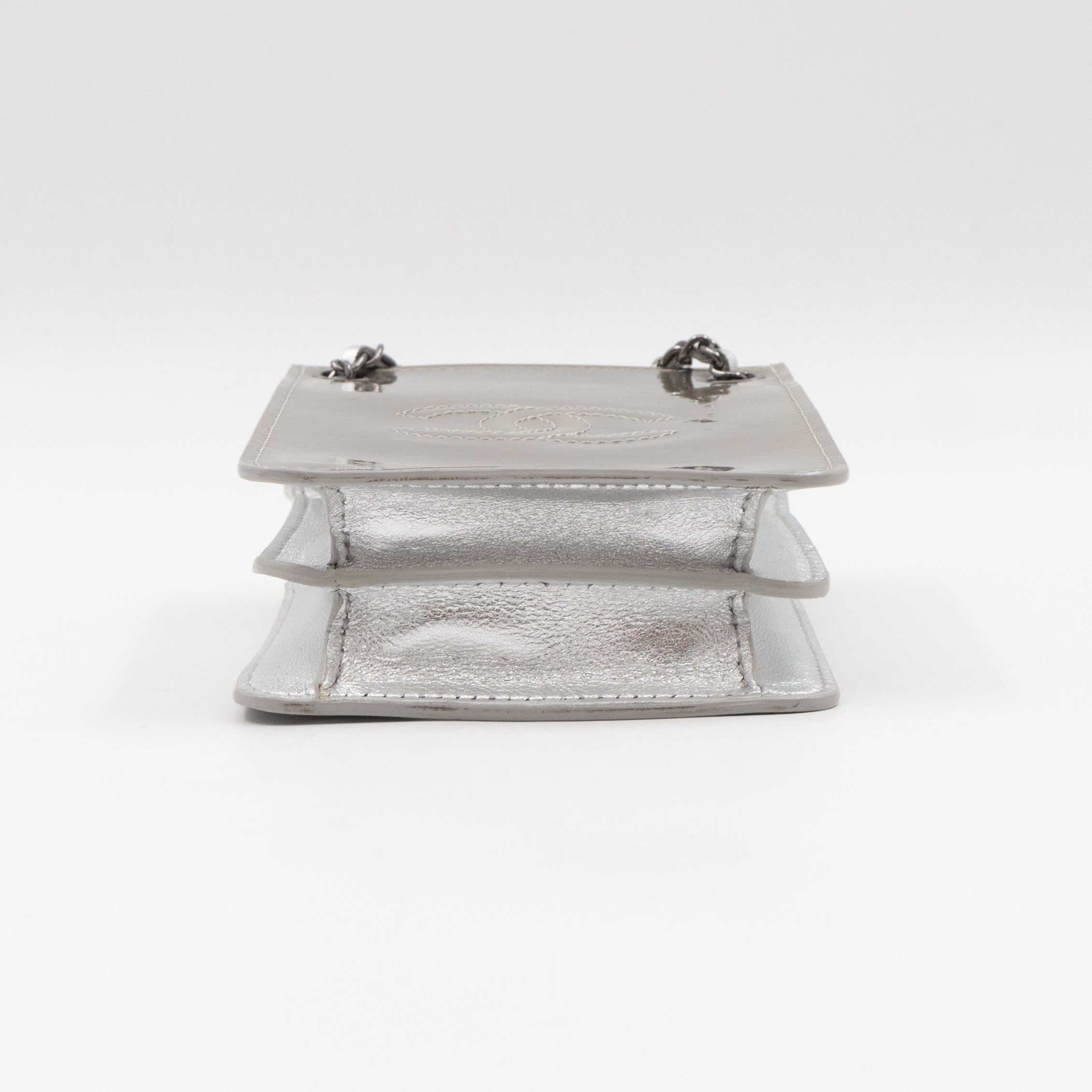 CC Phone Holder Crossbody Bag Silver Metallic Patent Leather